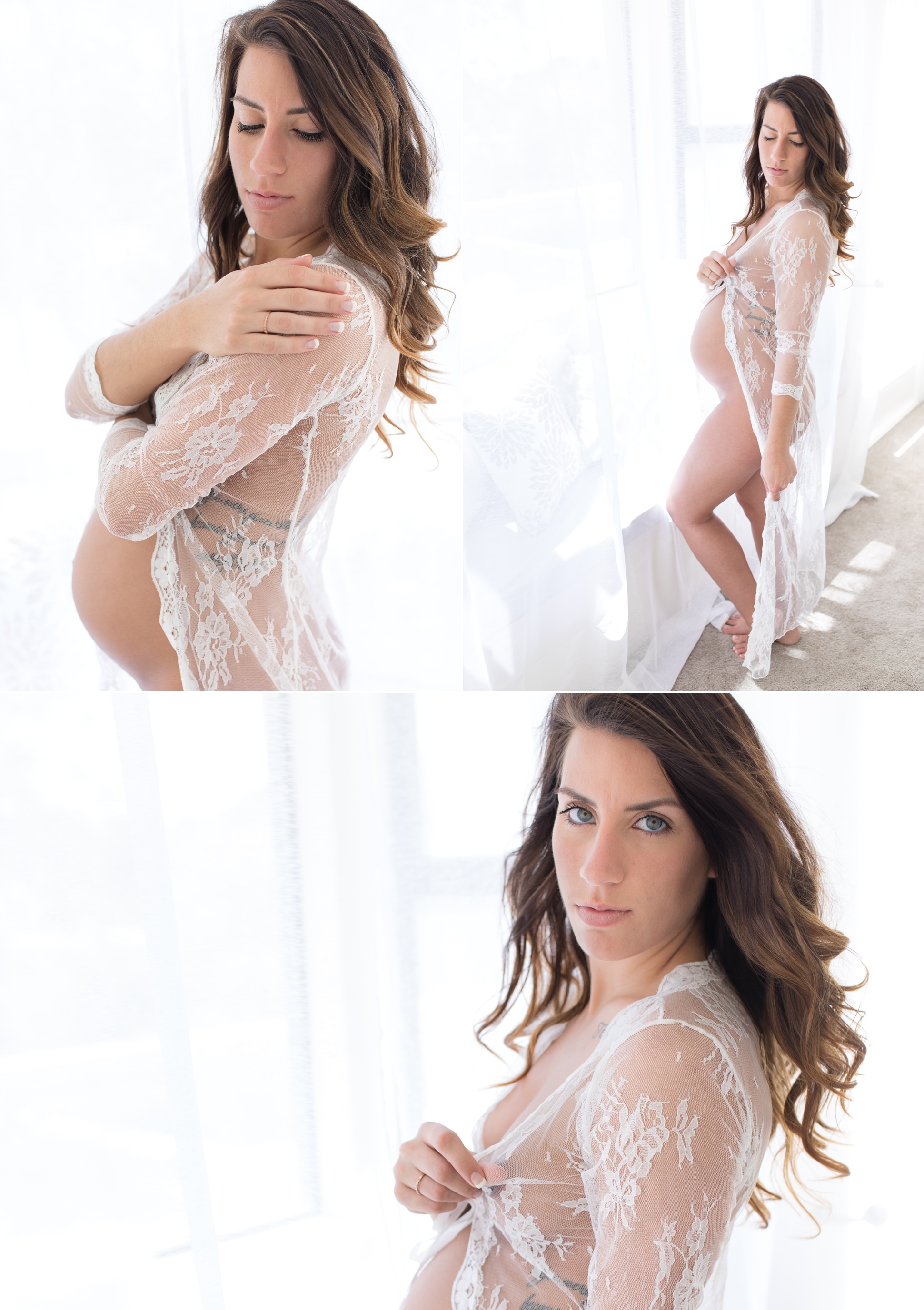 Three images; All three images are of a pregnant mamma in a lace robe standing in front of a window