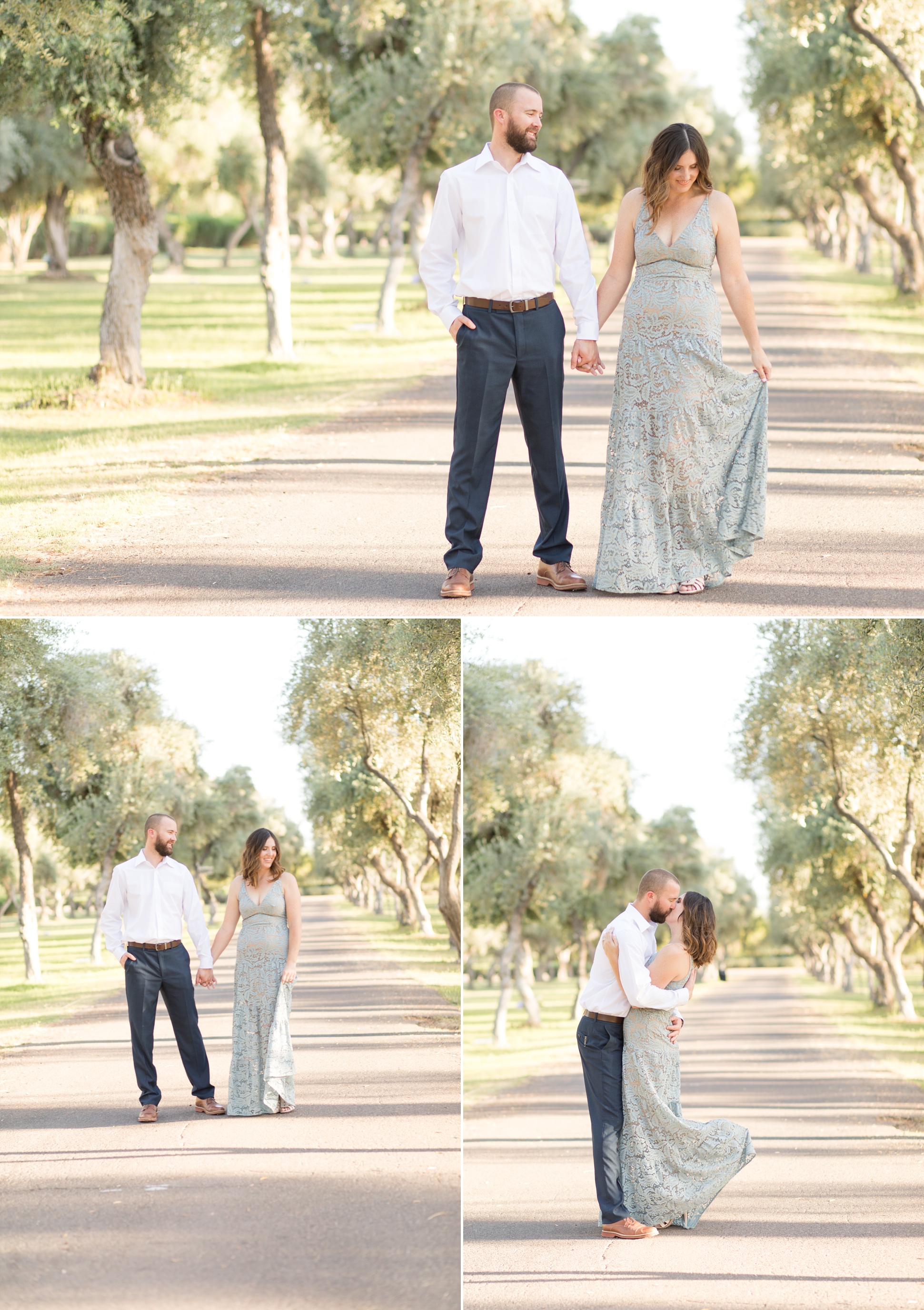 Three images of Micah and Trisha under the tree line at the buttes