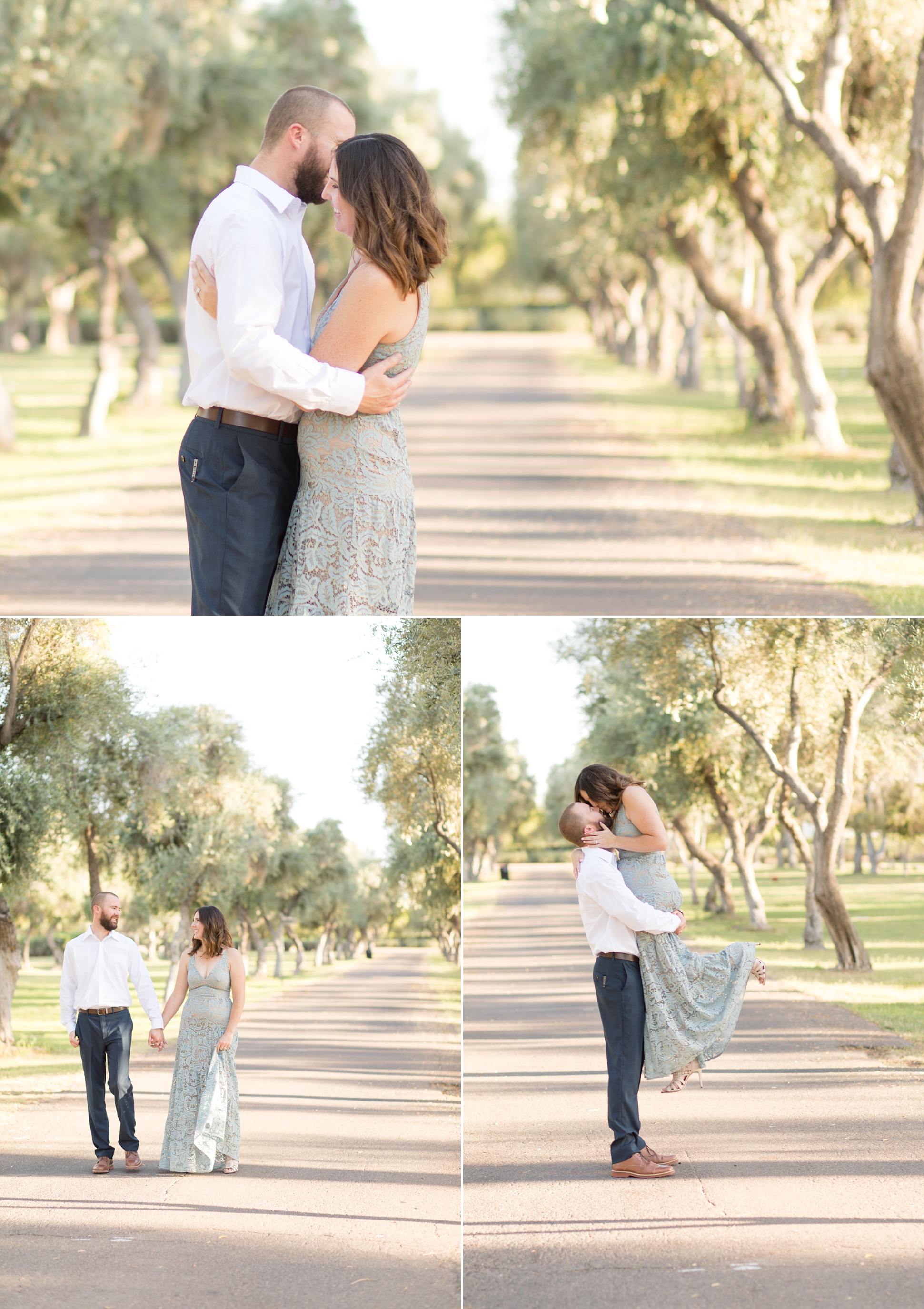 Three images of Micah and Trisha under the trees in the cemetery at Phoenix Tempe Marriott at the Buttes