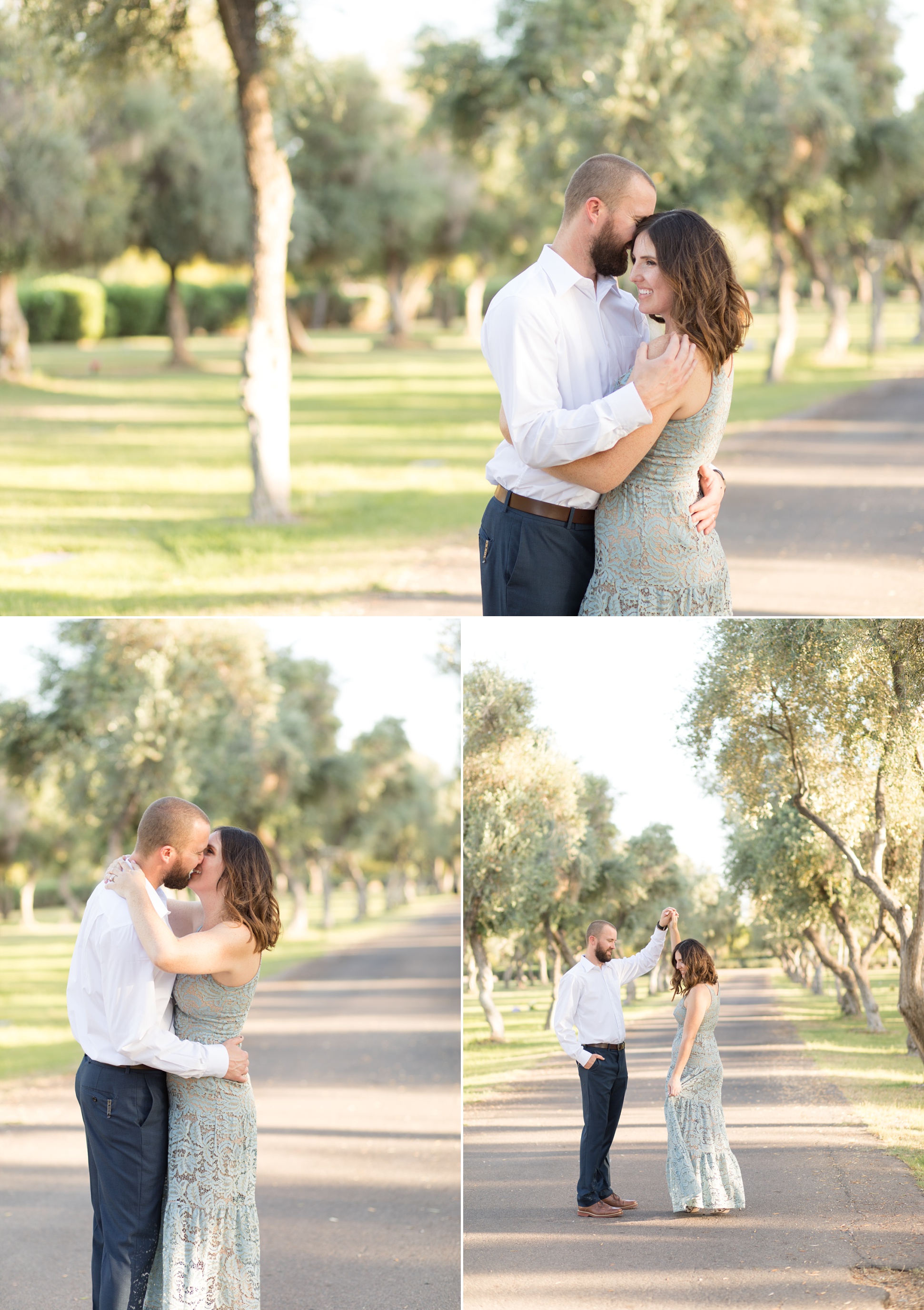 Three images of Micah and Trisha under the trees in the cemetery at Phoenix Tempe Marriott at the Buttes