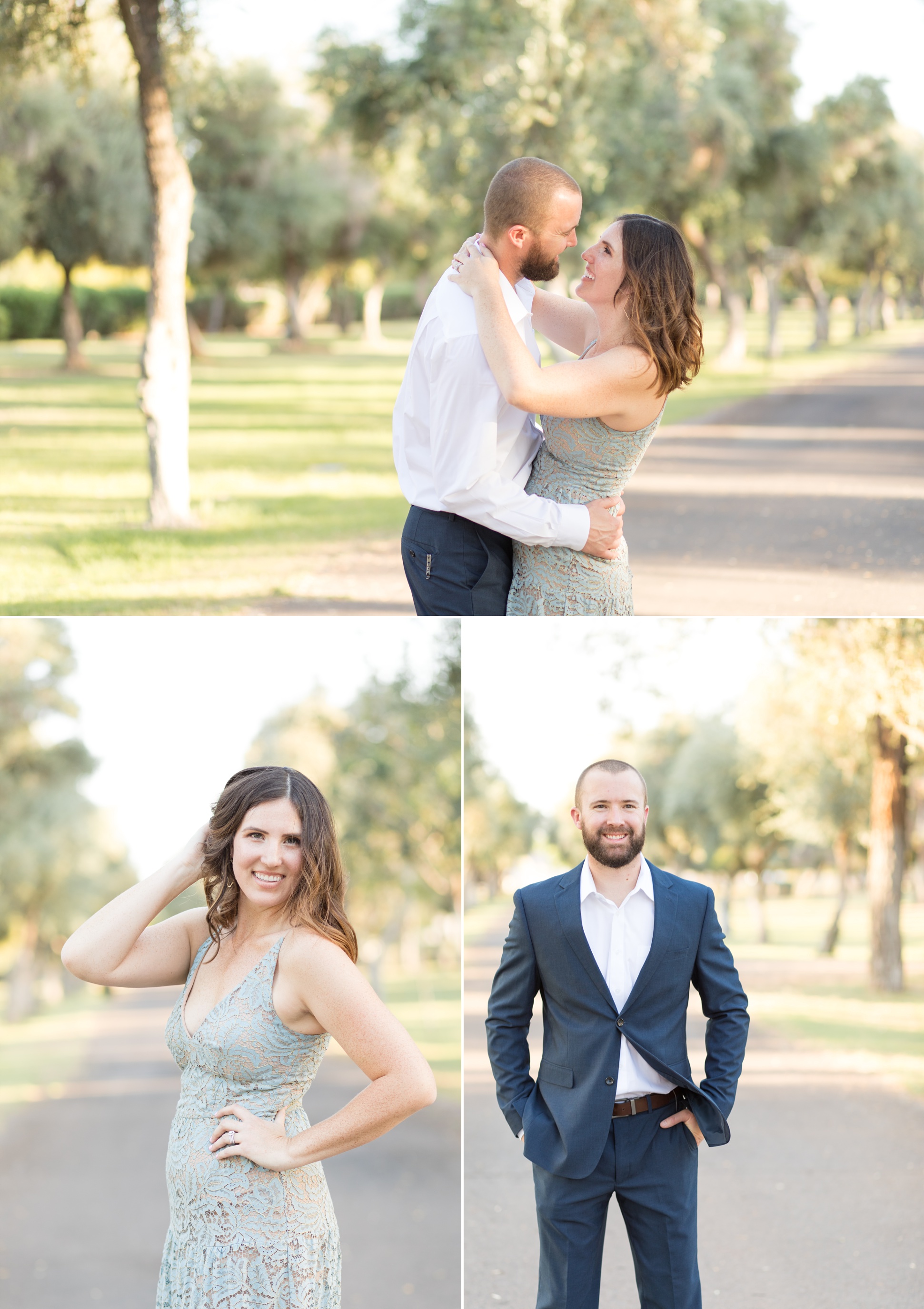 Three images of Micah and Trisha under the trees in the cemetery at Phoenix Tempe Marriott at the Buttes