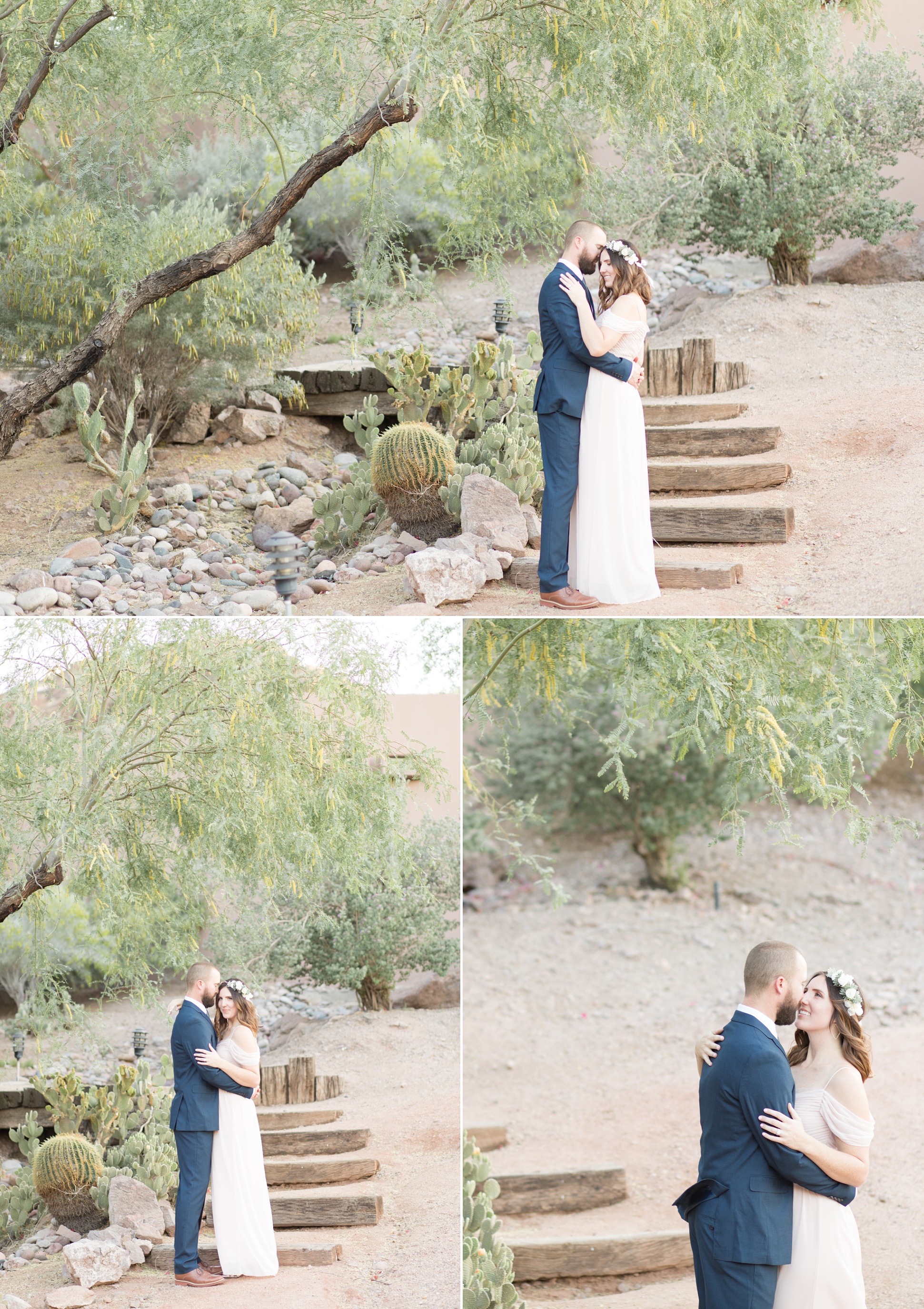 Three images of Micah and Trisha walking under the tree at Phoenix Tempe Marriott at the Buttes