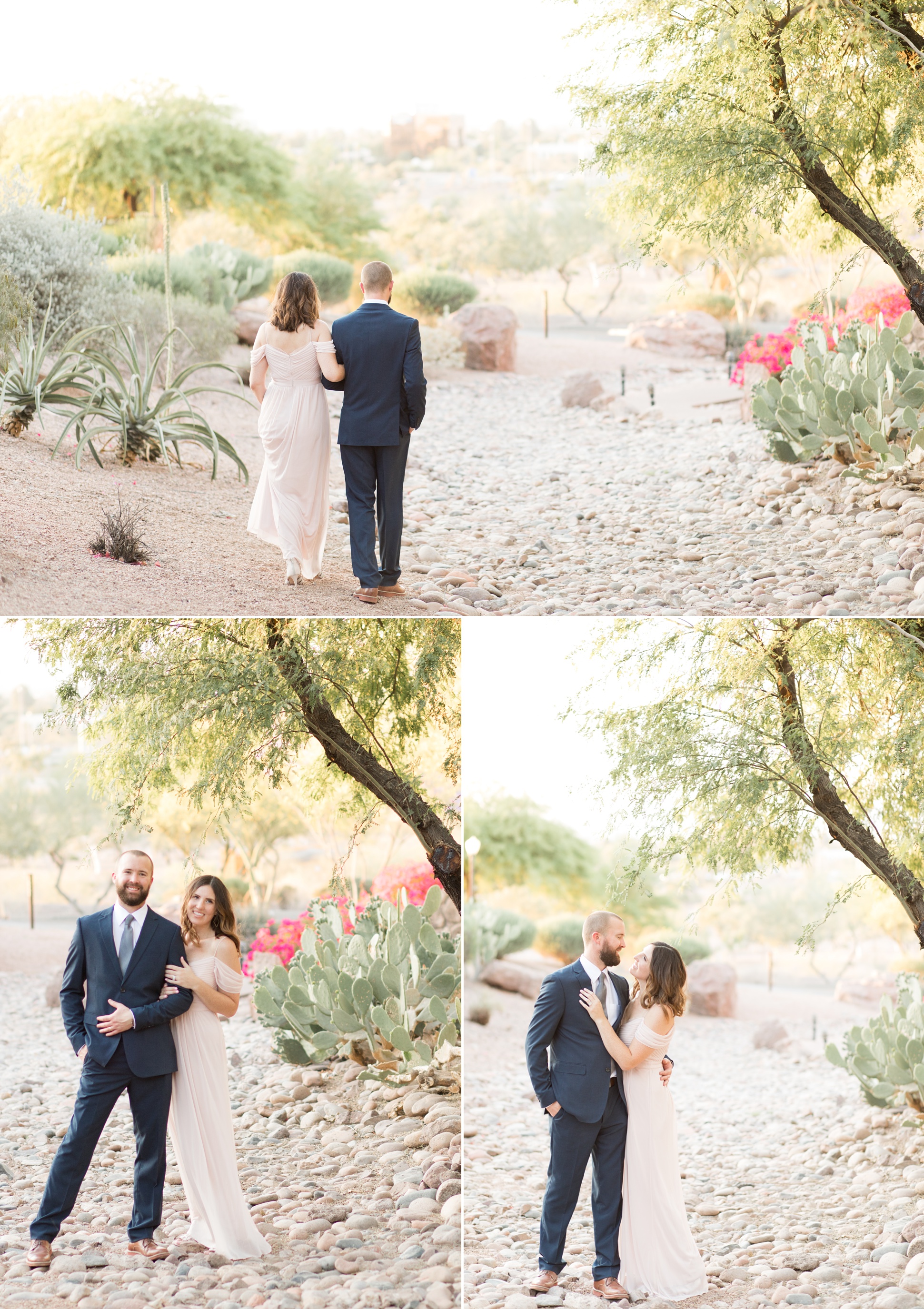 Three images of Micah and Trisha walking under the tree at Phoenix Tempe Marriott at the Buttes