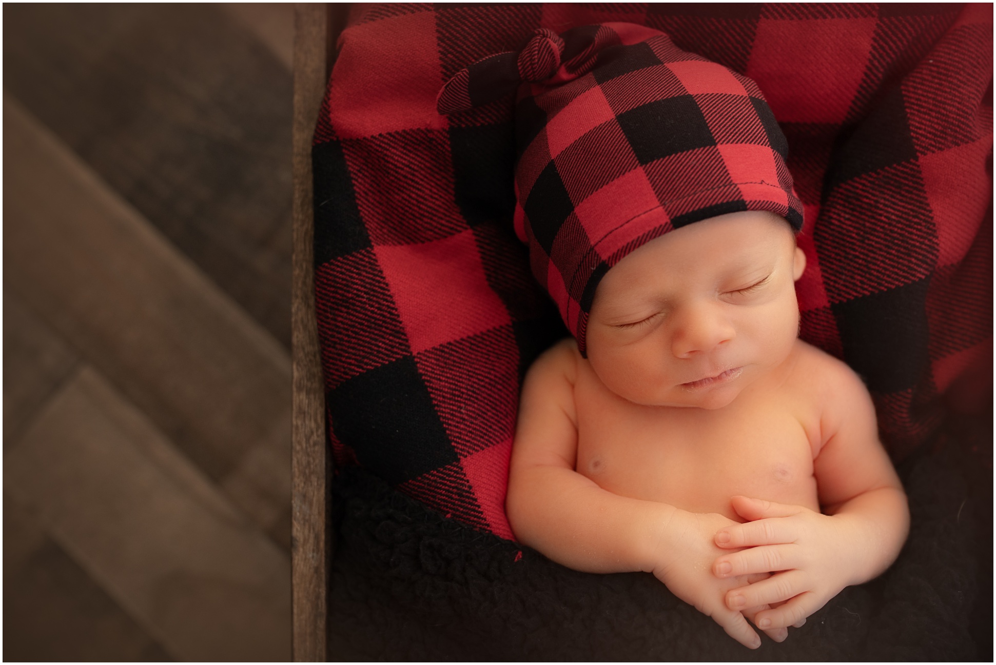 AZ Newborn Baby Boy Wrapped in Buffalo Plaid Blanket and Matching Hat