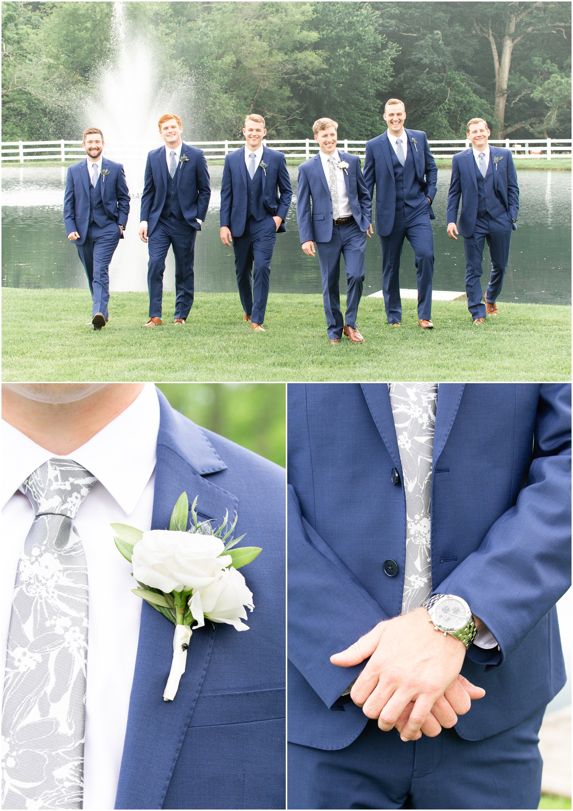 Groom and Groomsmen Photos in front of Pond at Pond View Farms on Wedding Day