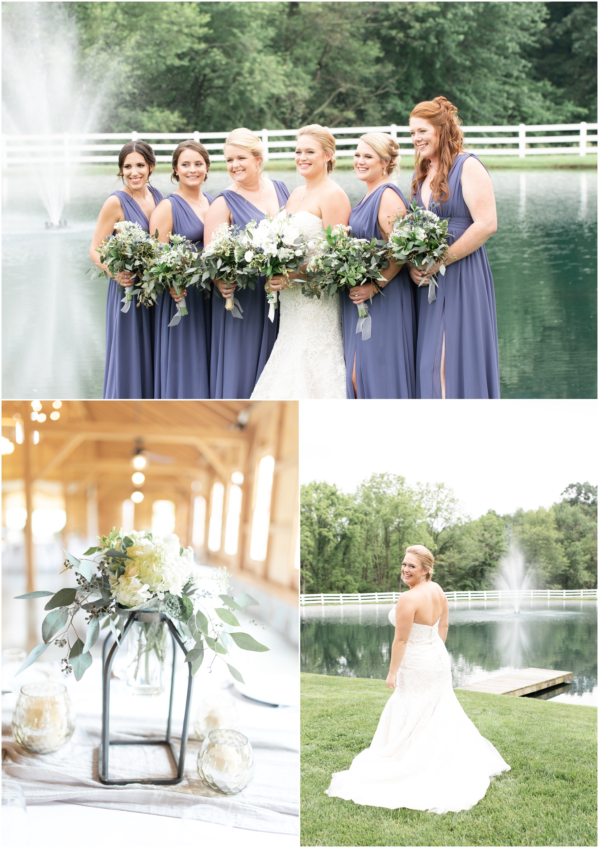 Blog of three photos. Top photo is of the bridal party in front of a pond, left photo is a detail shot of a guest table, and the right photo is a bridal portrait in front of the pond