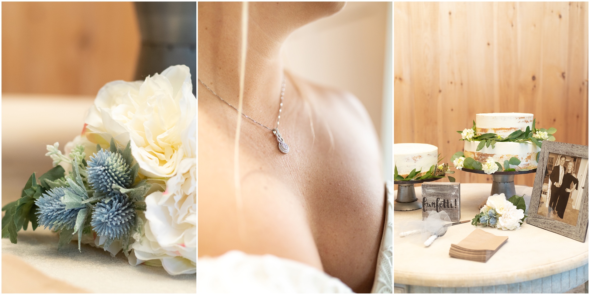 Flowers, The Cake, and A Close Up Photo of Bride's Necklace