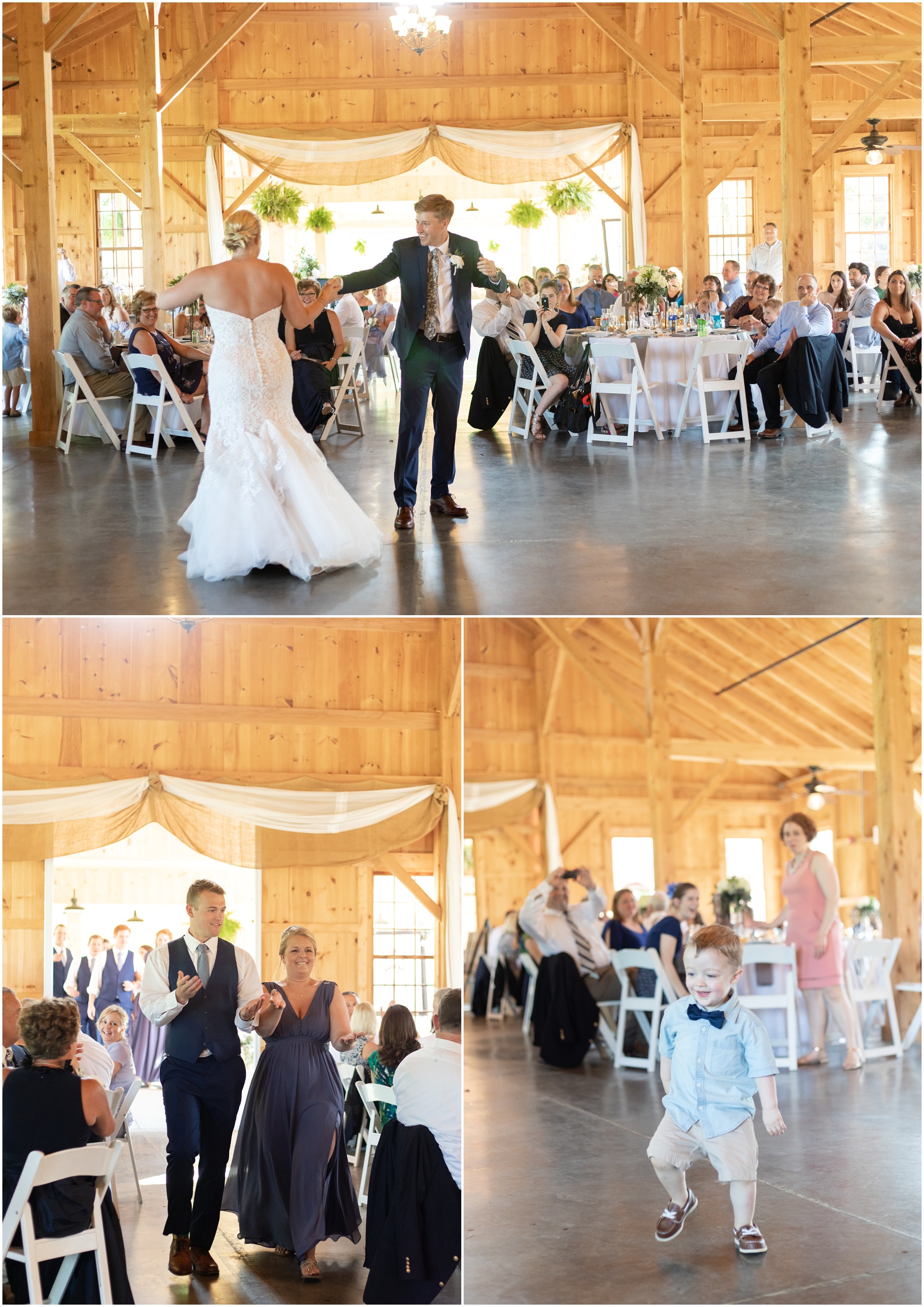 Bride and groom dancing at reception, little boy dancing, and the bridal party entering the dance floor