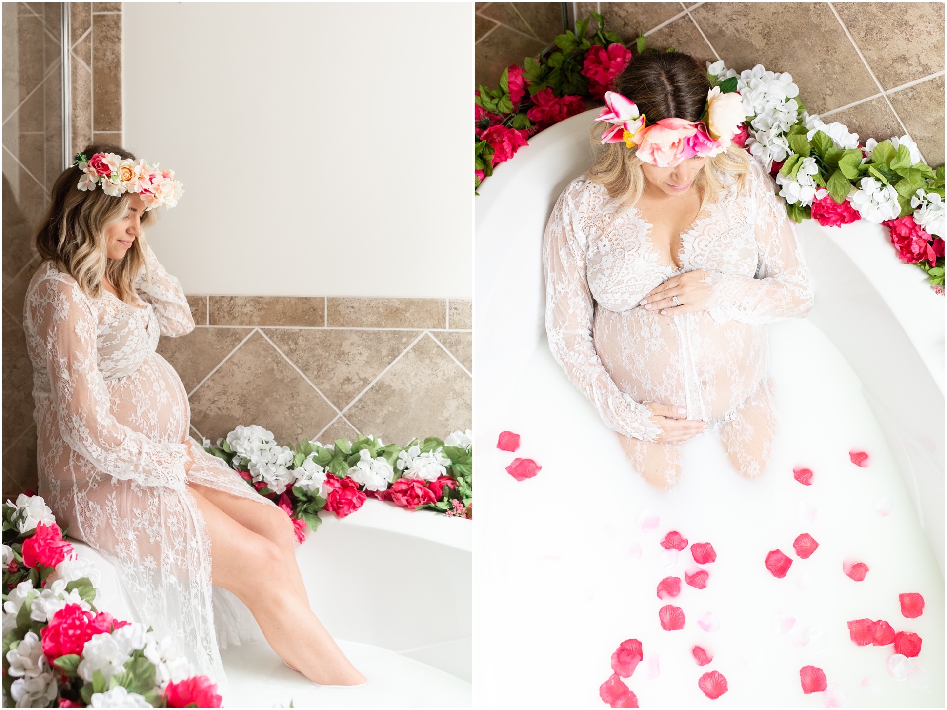 Maternity Milk Bath with Lace Dress and Pink Roses