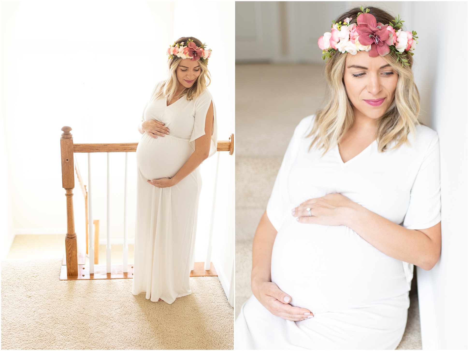 Mom to Be in White Dress with Flower Crown