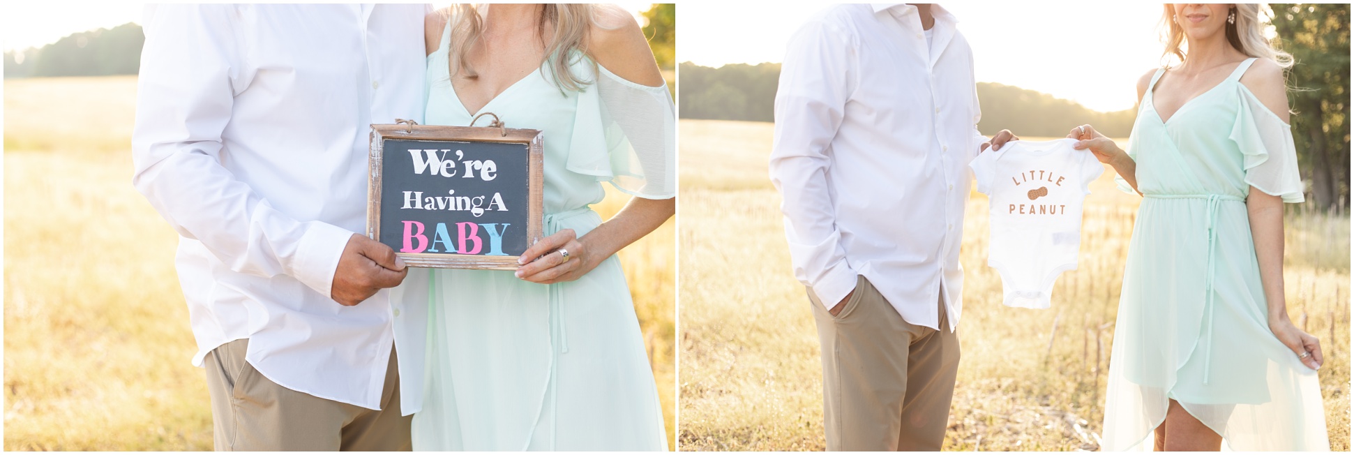 Couple holding onsie and chalk boards announcing pregnancy