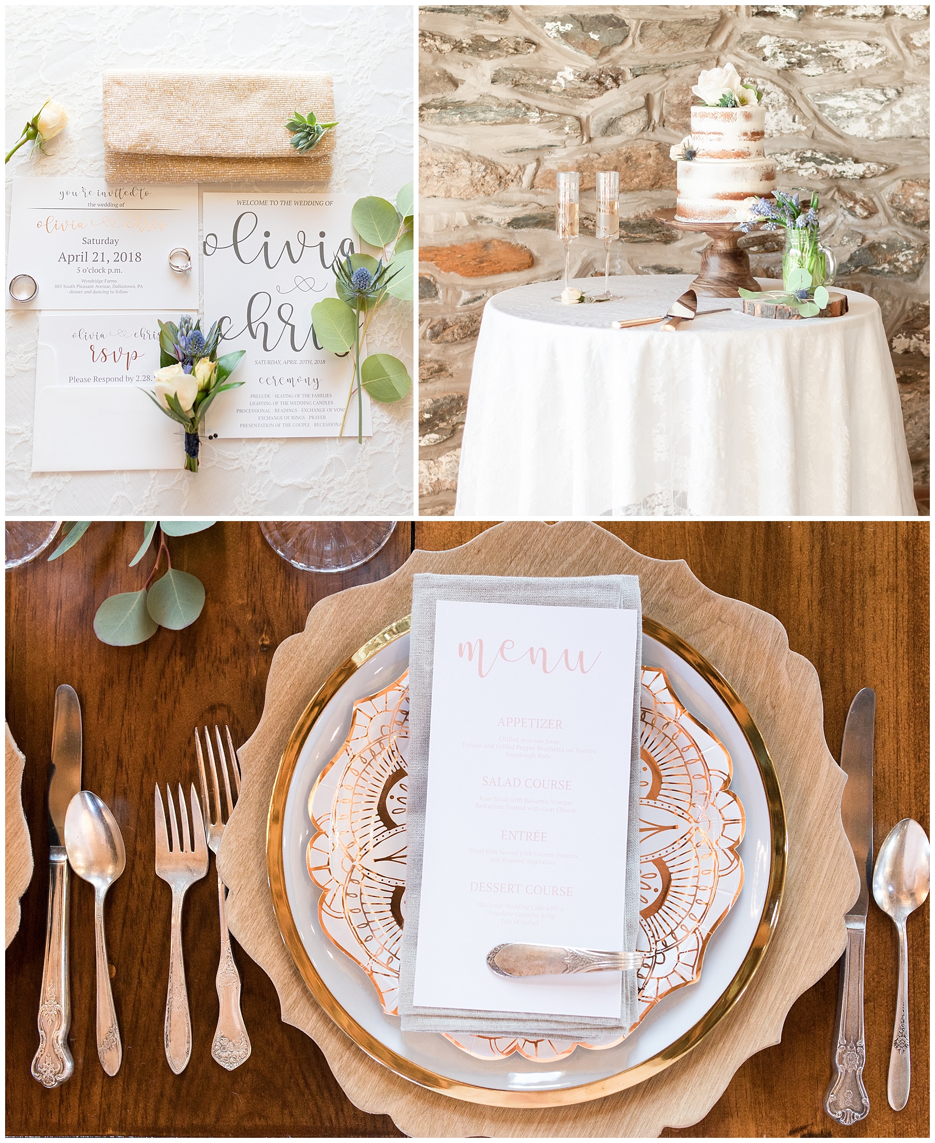 A grid of images from the elegant boho inspired styled shoot at Wyndridge Farms