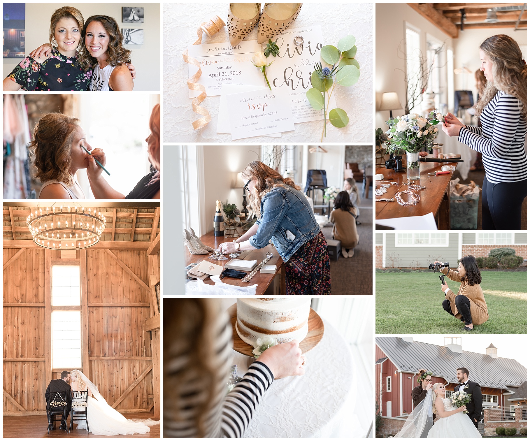 A grid of behind the scenes shots from the styled shoot wt wyndridge farms in red lion, PA