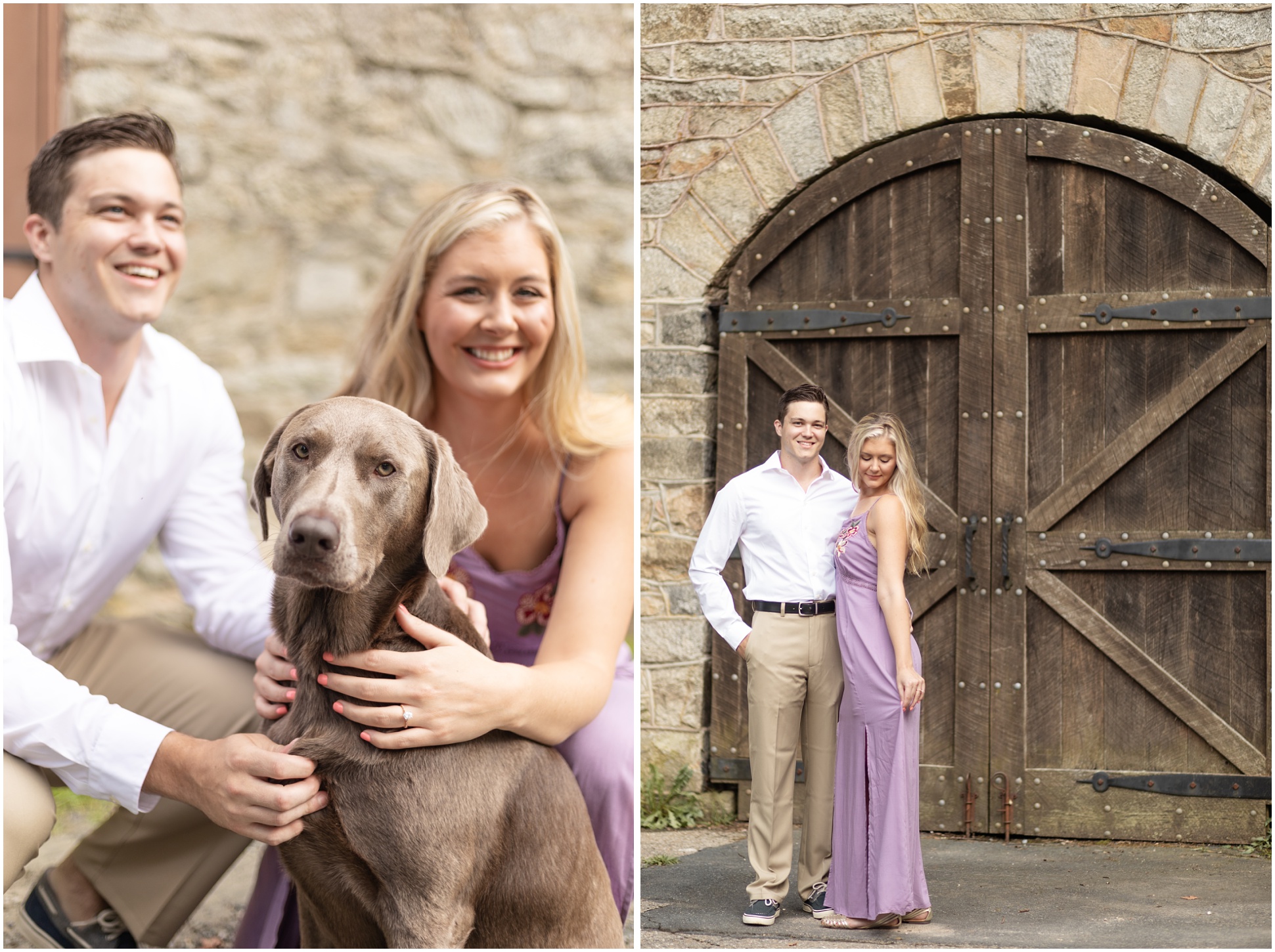 The left image is of katie and rob and their dog kona, the right image is of rob and katie in front of a large wooden arched door