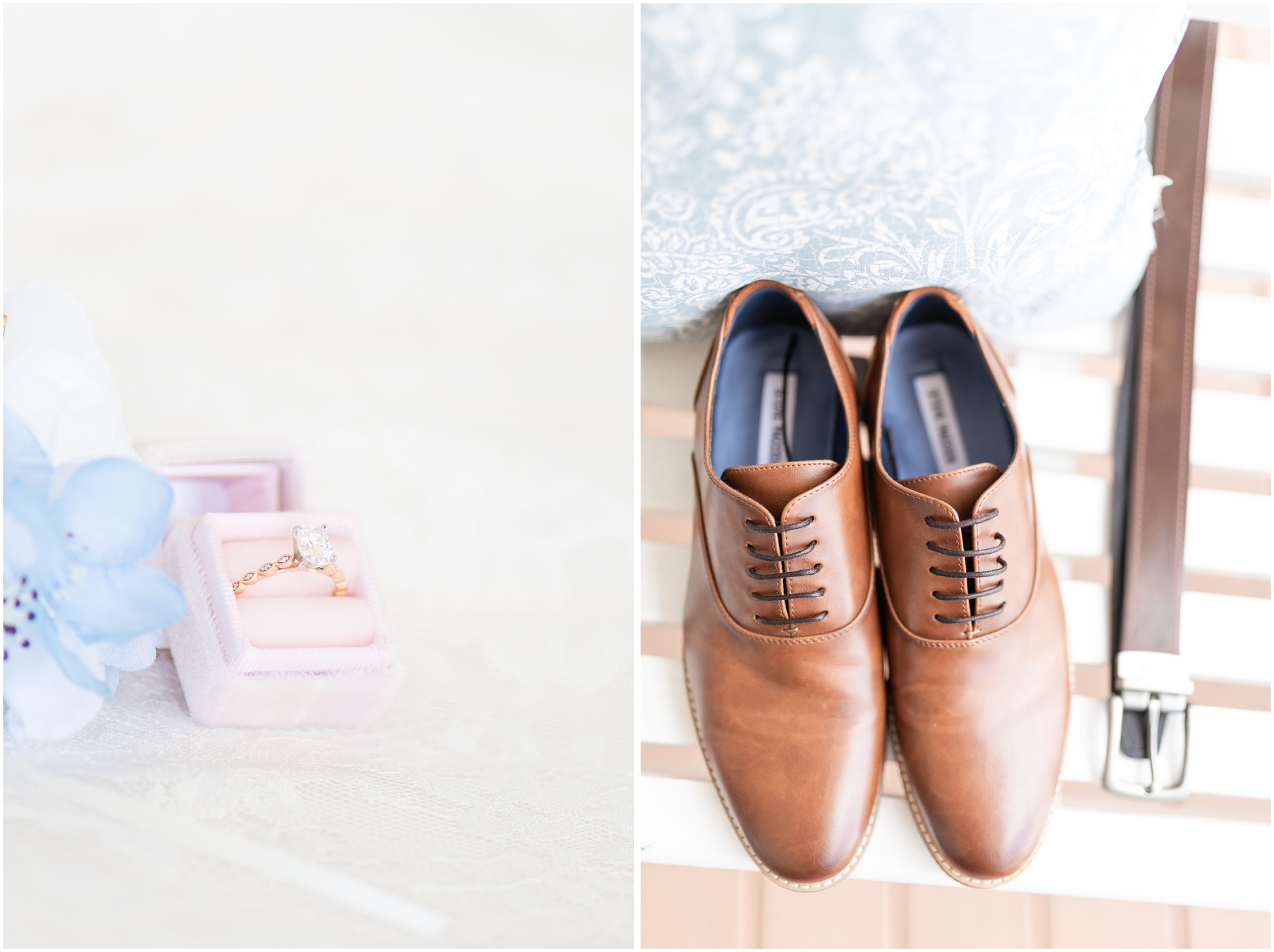 Two Images; On the left is a detail shot of the engagement ring, and the right image is of the groom's shoes and belt