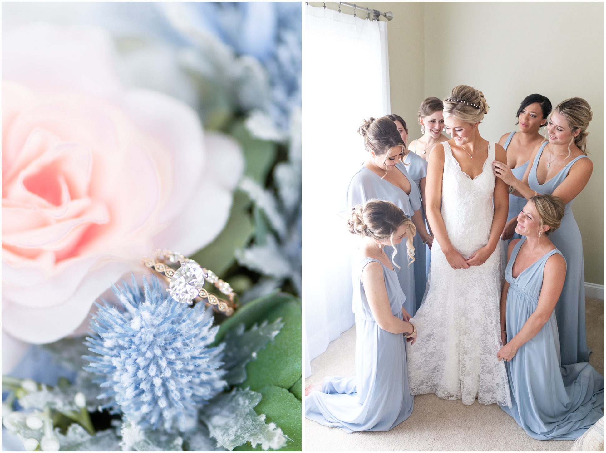 Left Image: Close up shot of the rings in the bouquet; Right Image: bridesmaids helping with bride's dress