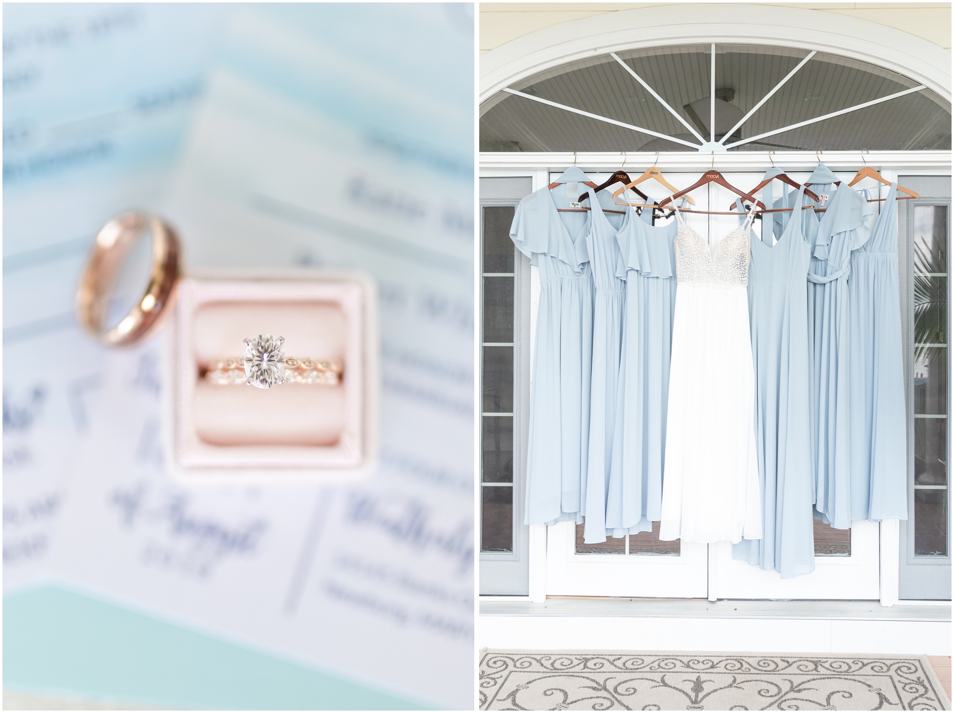 Left Image: Close up shot of the rings on top of the flat lay ; Right Image: Wedding gown with bridesmaids dresses hanging up