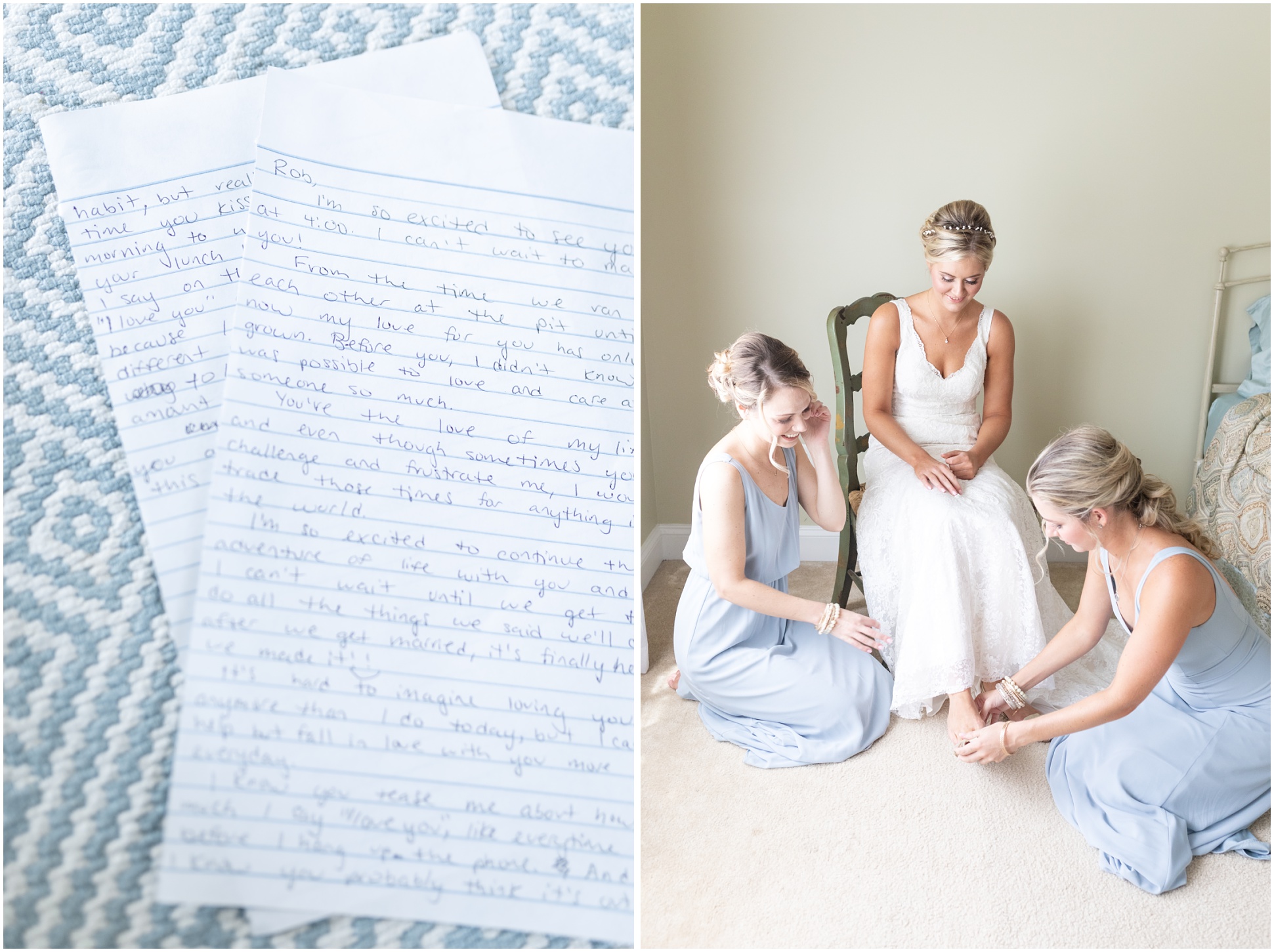 Left Image: Groom's letter to bride; Right Image: MOH helping bride put on her shoes