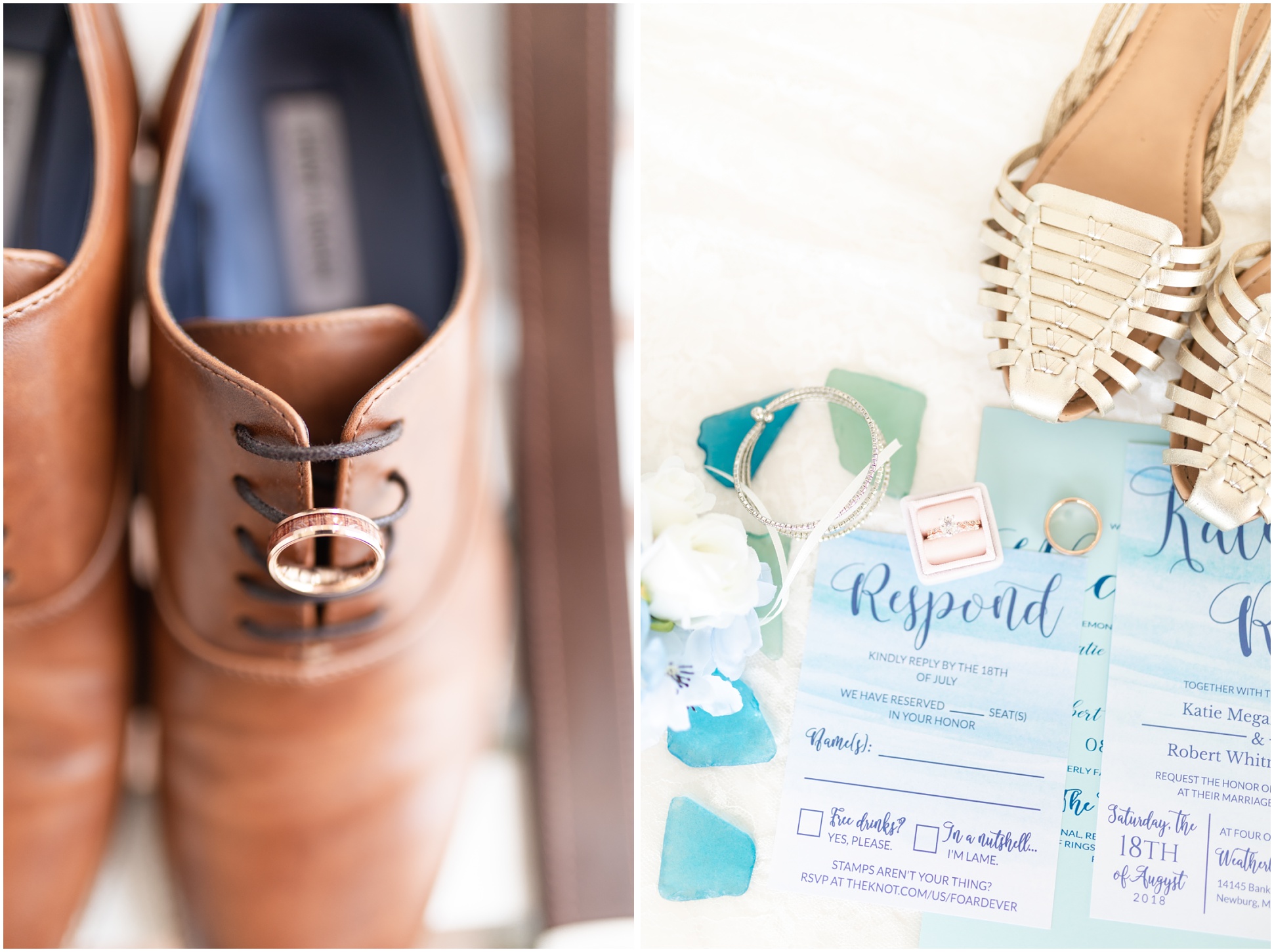 Left Image: Up close of groom's ring on his shoelace; Right Image: Flat lay of invitation suite with ring and ocean stones