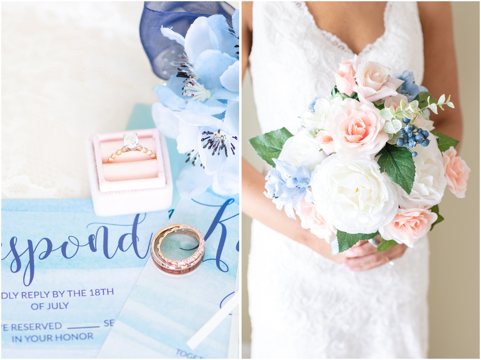 Left Image: close up shot of the rings; Right Image: close up shot of the brides diy bouquet