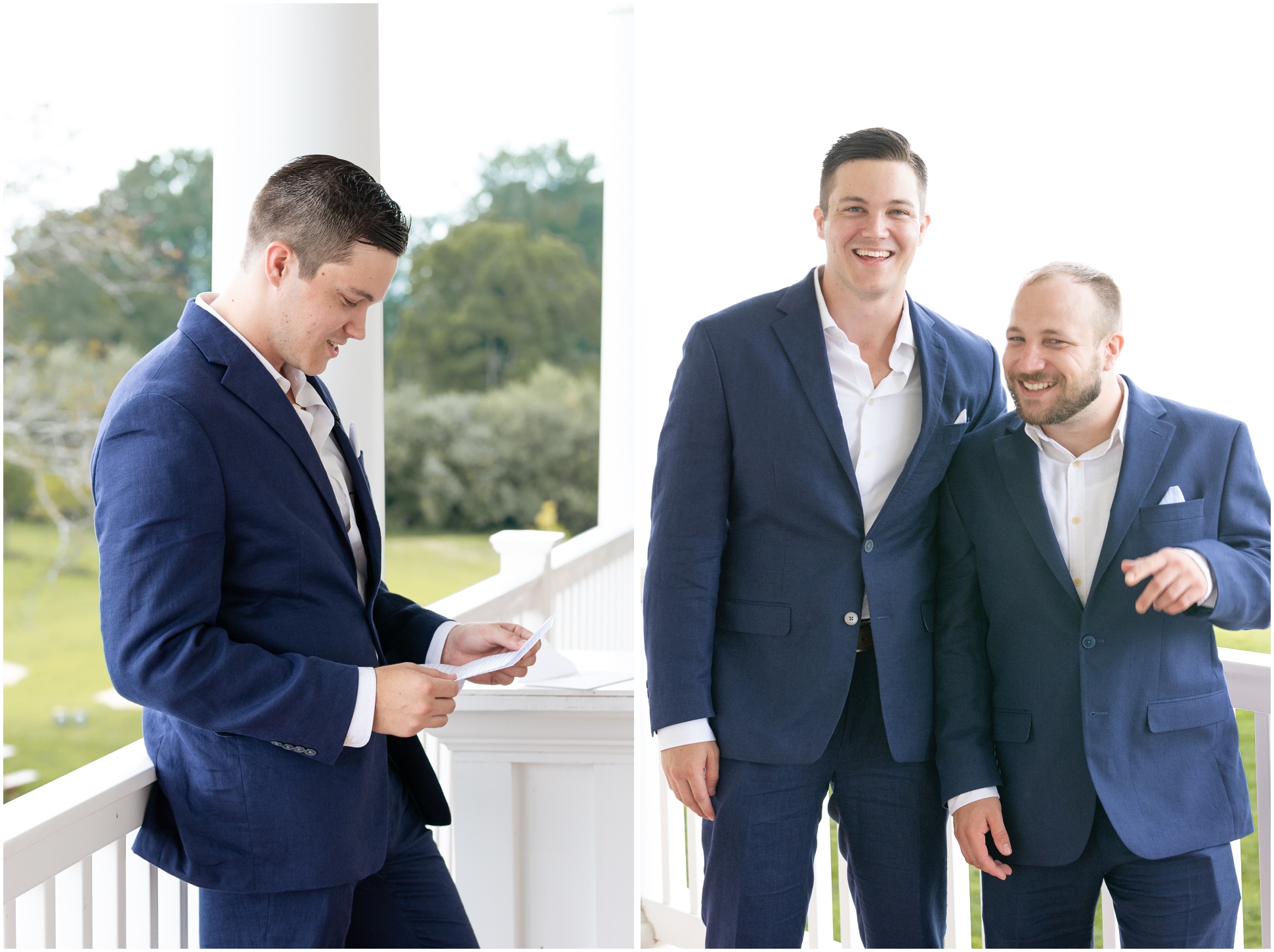 Left: Groom reading letter from bride Right: Groom and Best Man