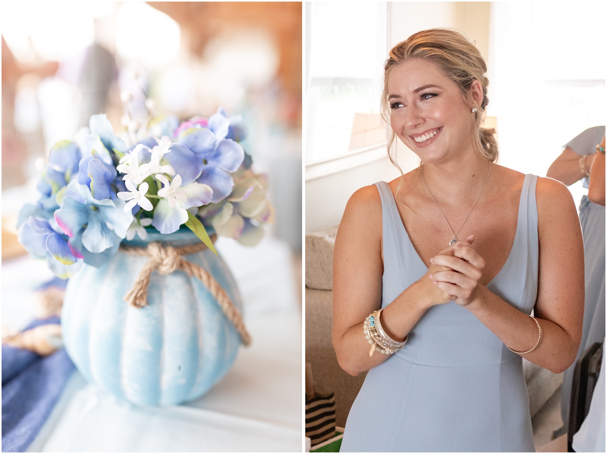 Left Image: reception table detail, Right Image: Maid of honor smiling at Bride and her dad seeing each other