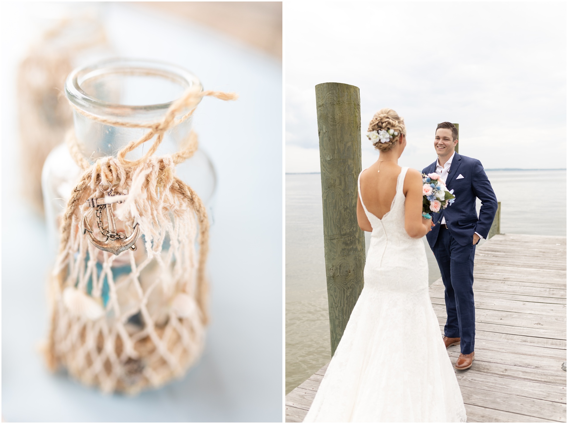 Left Image: Reception detail of seashell vase, Right Image: First Look on the dock