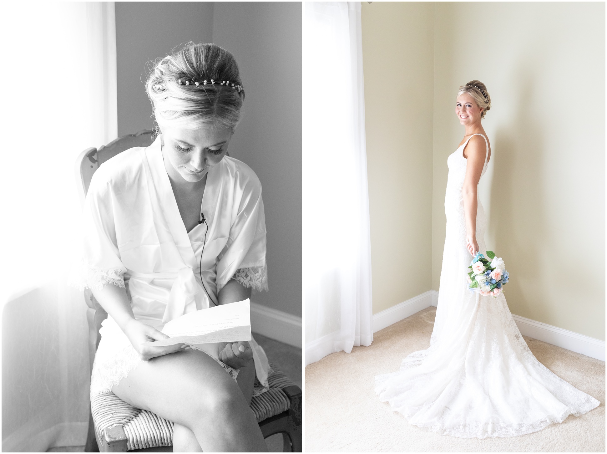 Left Image: Bride reading her note from her groom, Right Image: bridal portrait in getting ready room