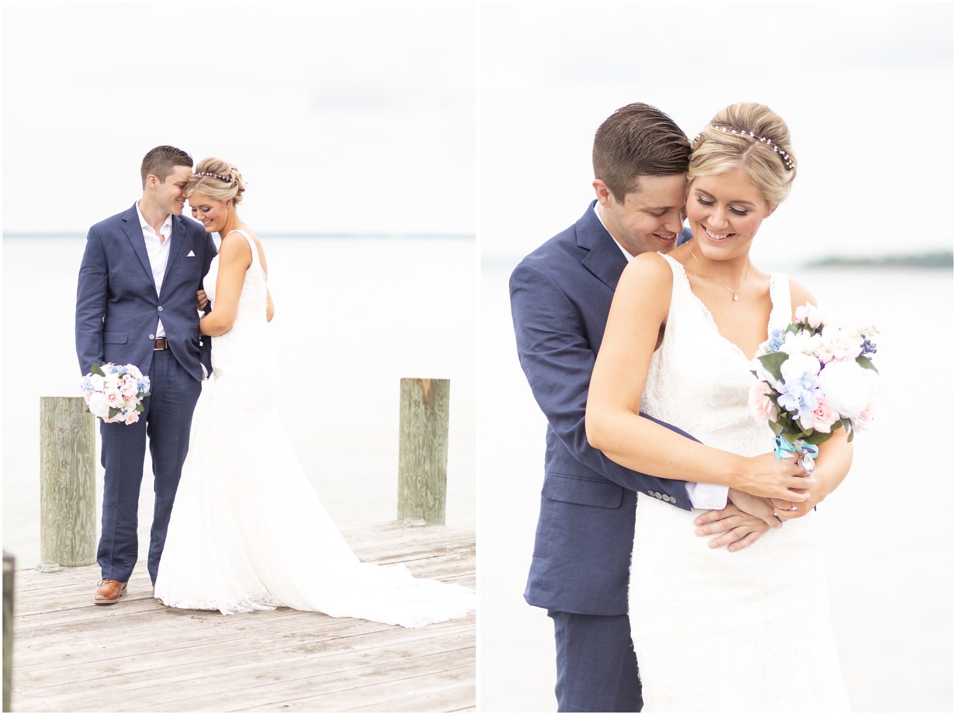 Two images of the bride and groom on the dock by the water