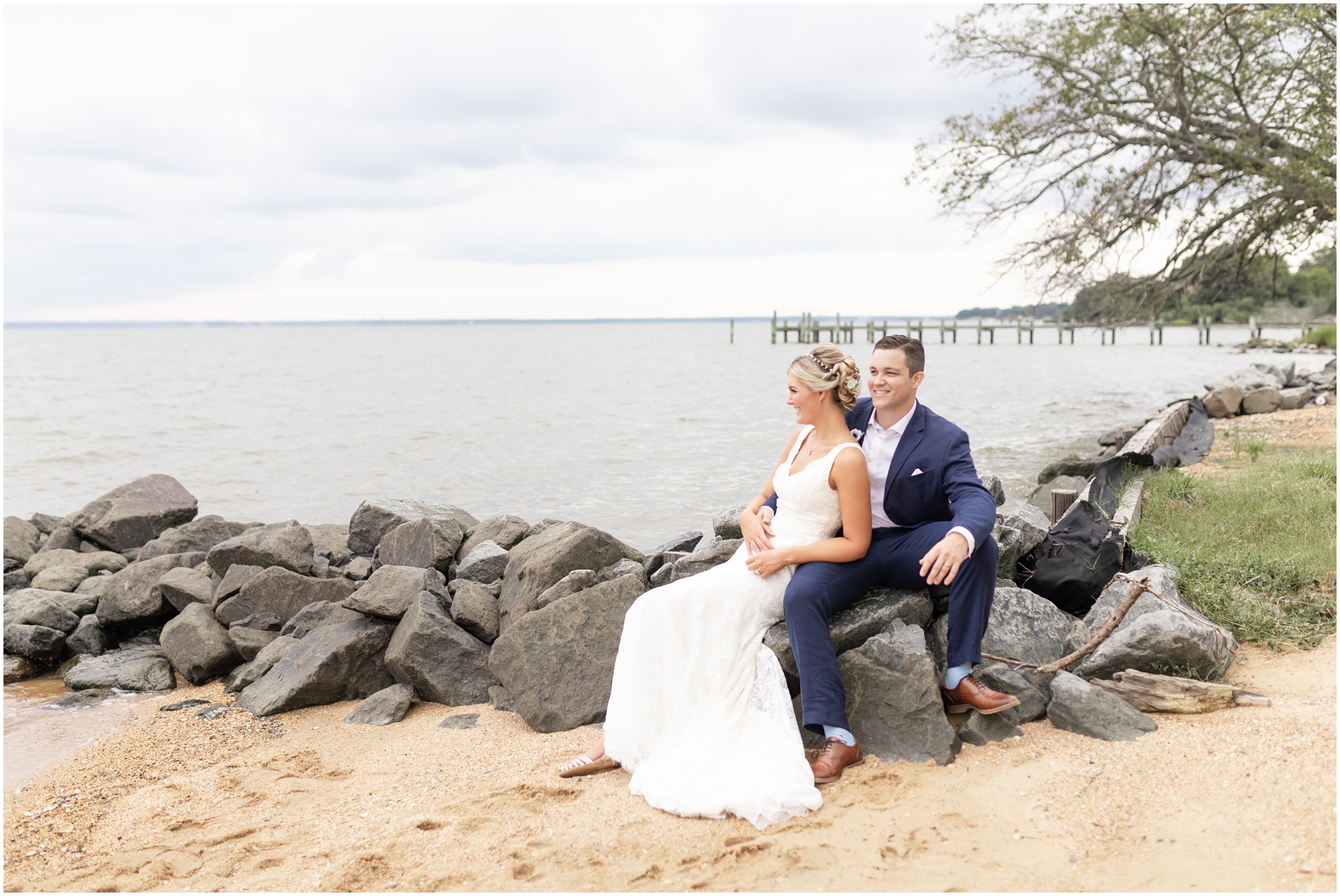 Bride and groom on the beach at Weatherly Farm