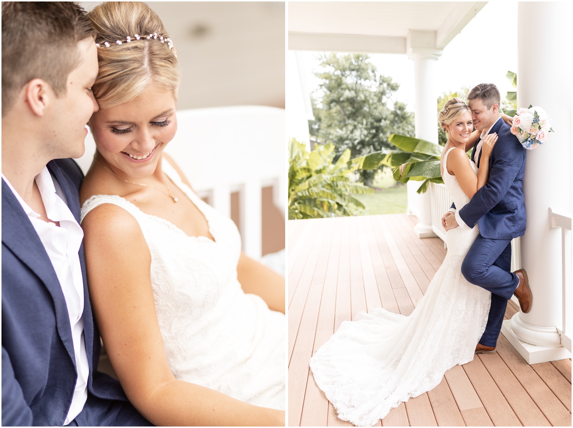 Two images of the bride and groom. One is up close and one is full body