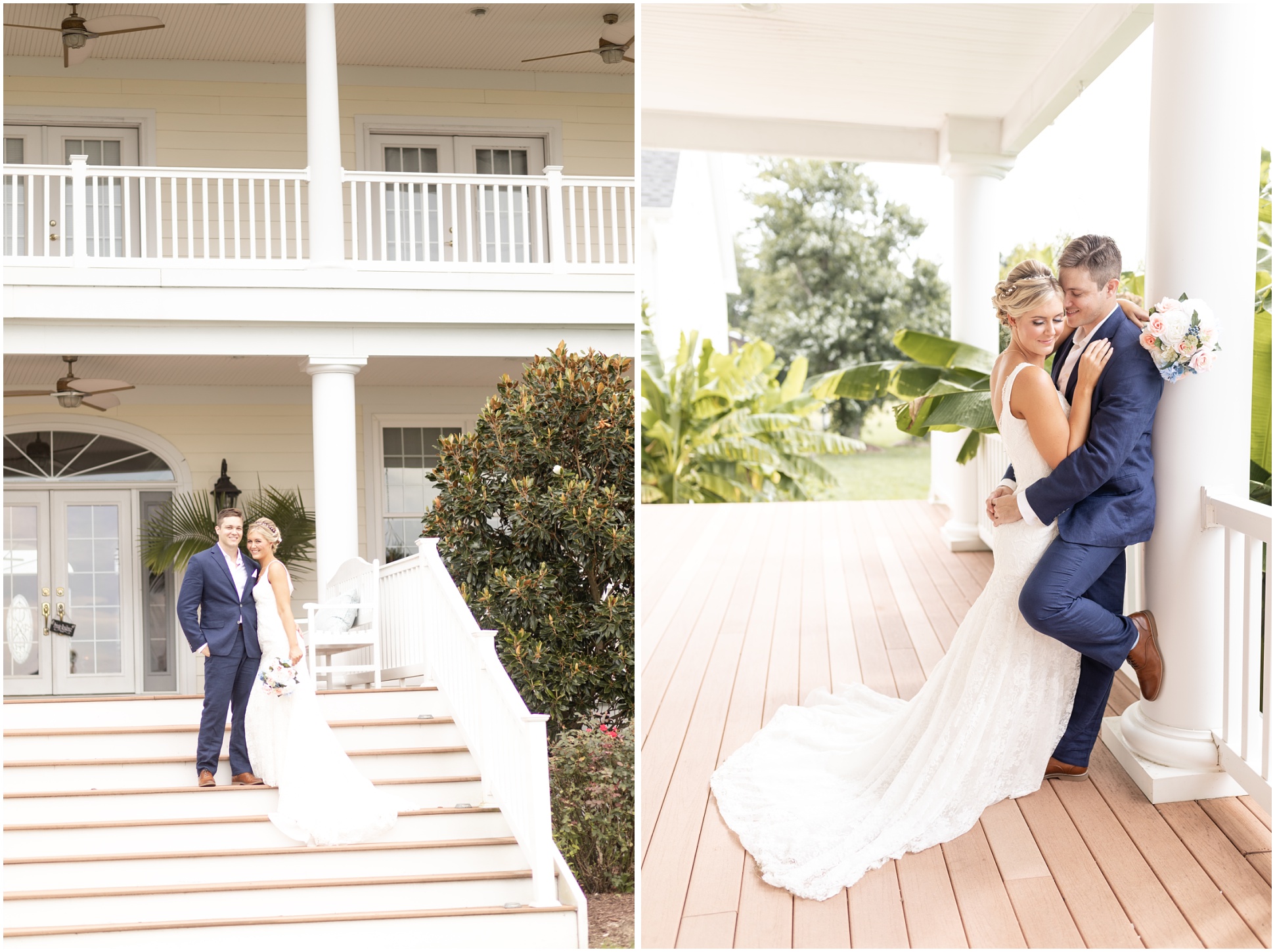 Two images of the bride and groom on the front porch of the mansion at weatherly farms