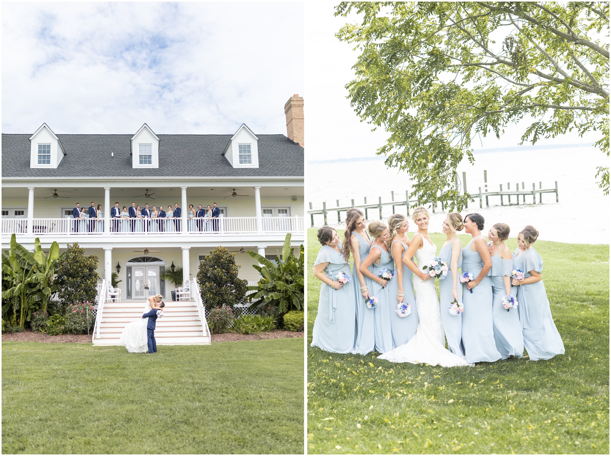 Left Image: Full bridal party on the front porch of the house, Right Image: Bridesmaids and and bride by the water