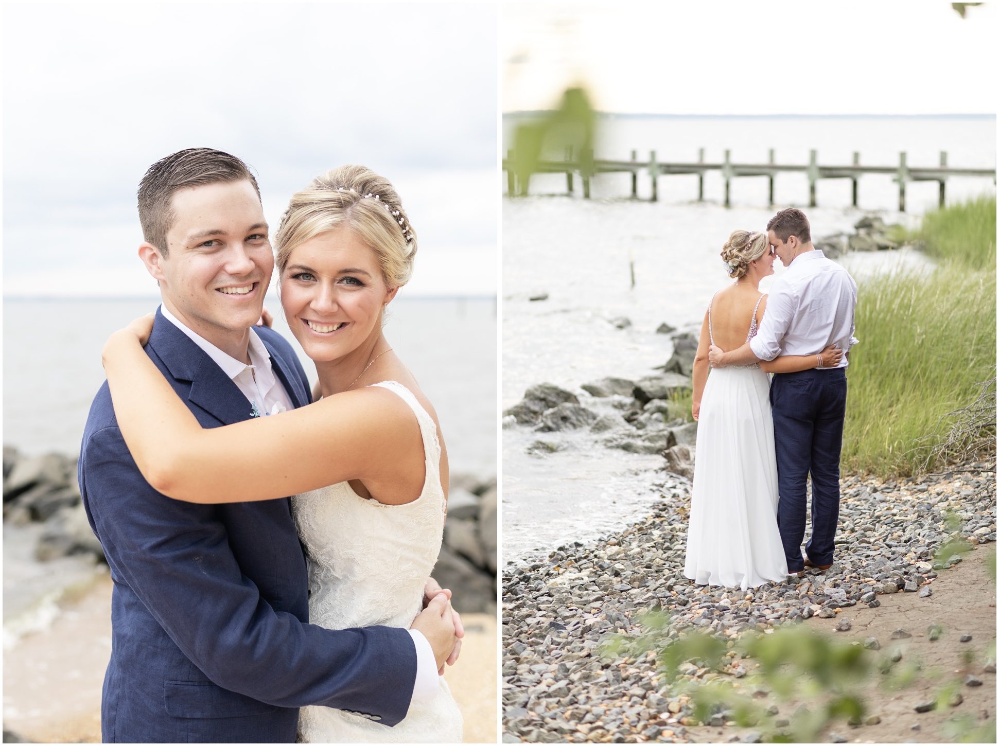 Two images of the bride and groom down on the beach at weatherly farms