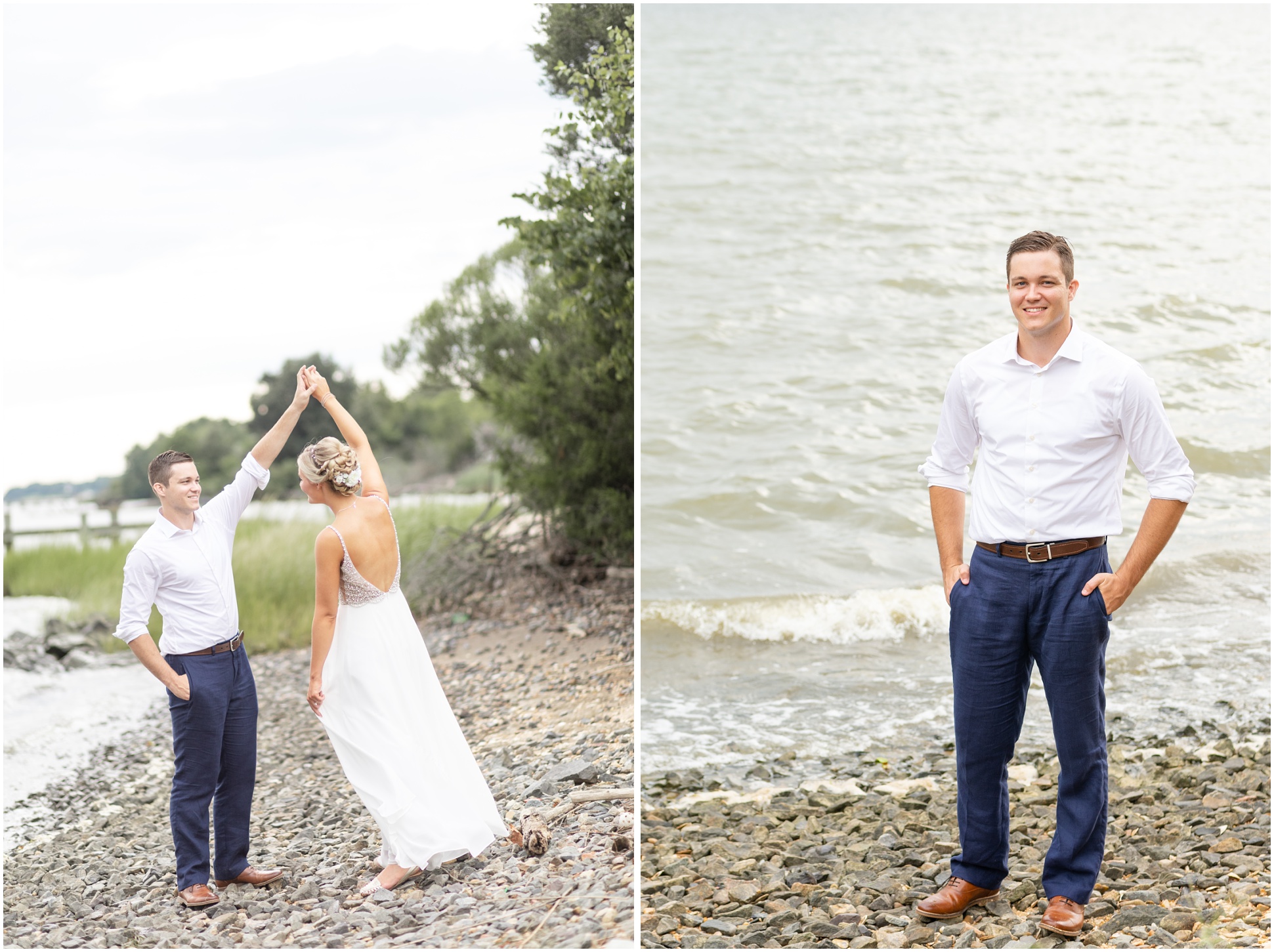 two images of the bride and groom down on the beach