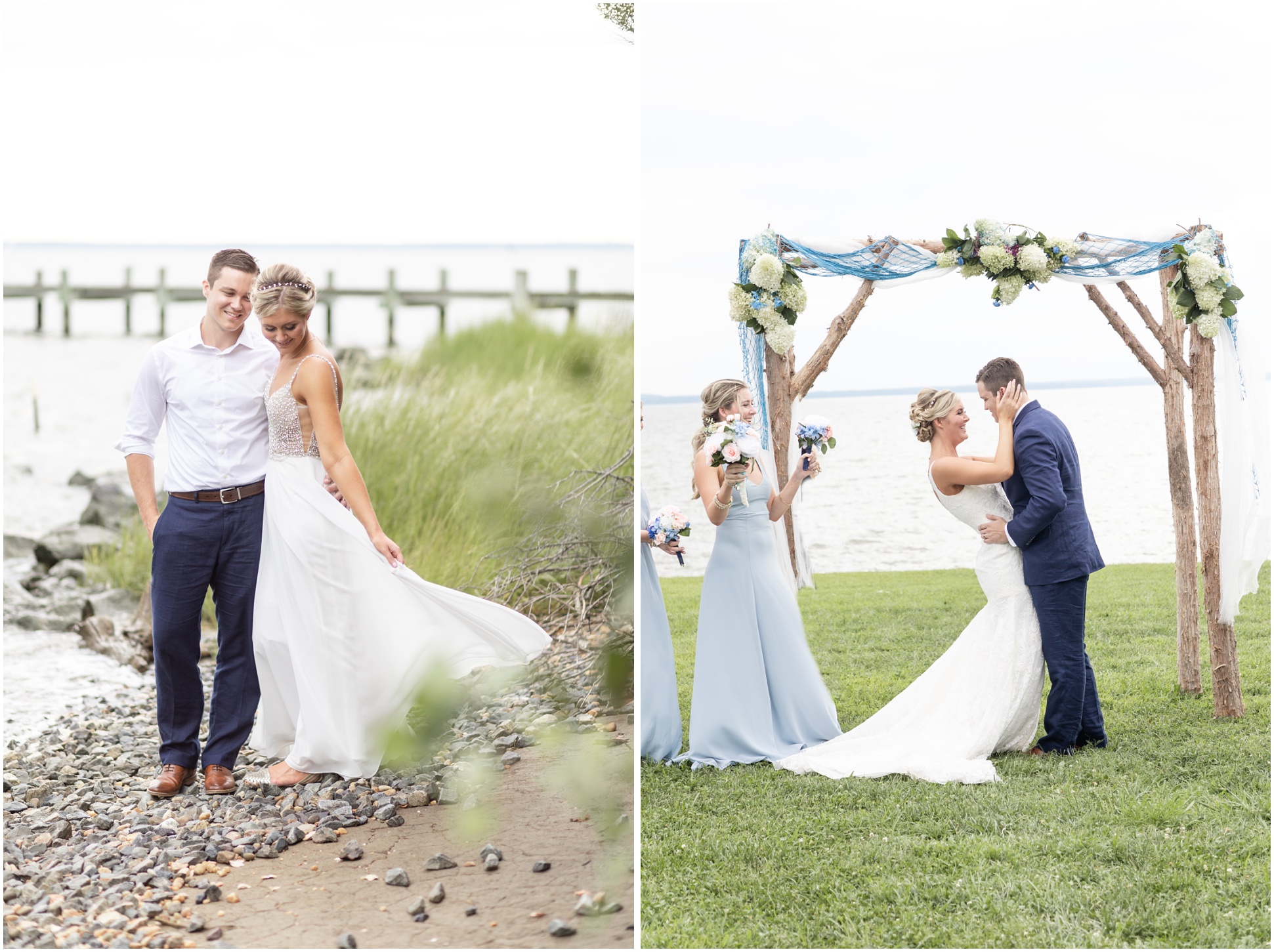 Two images of the bride and groom. The left image is of the bride and groom on the beach. The right image is right after the kiss at the ceremony.