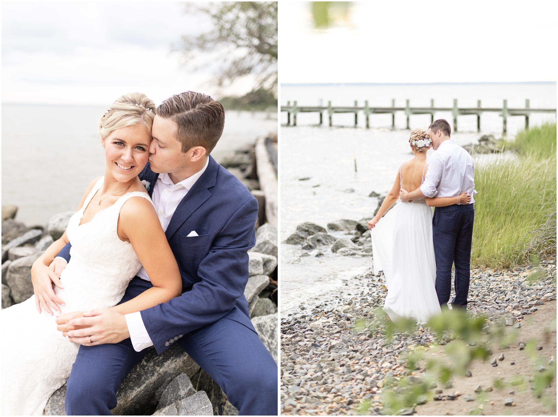 two images of hte bride and groom down on the beach by the rocls