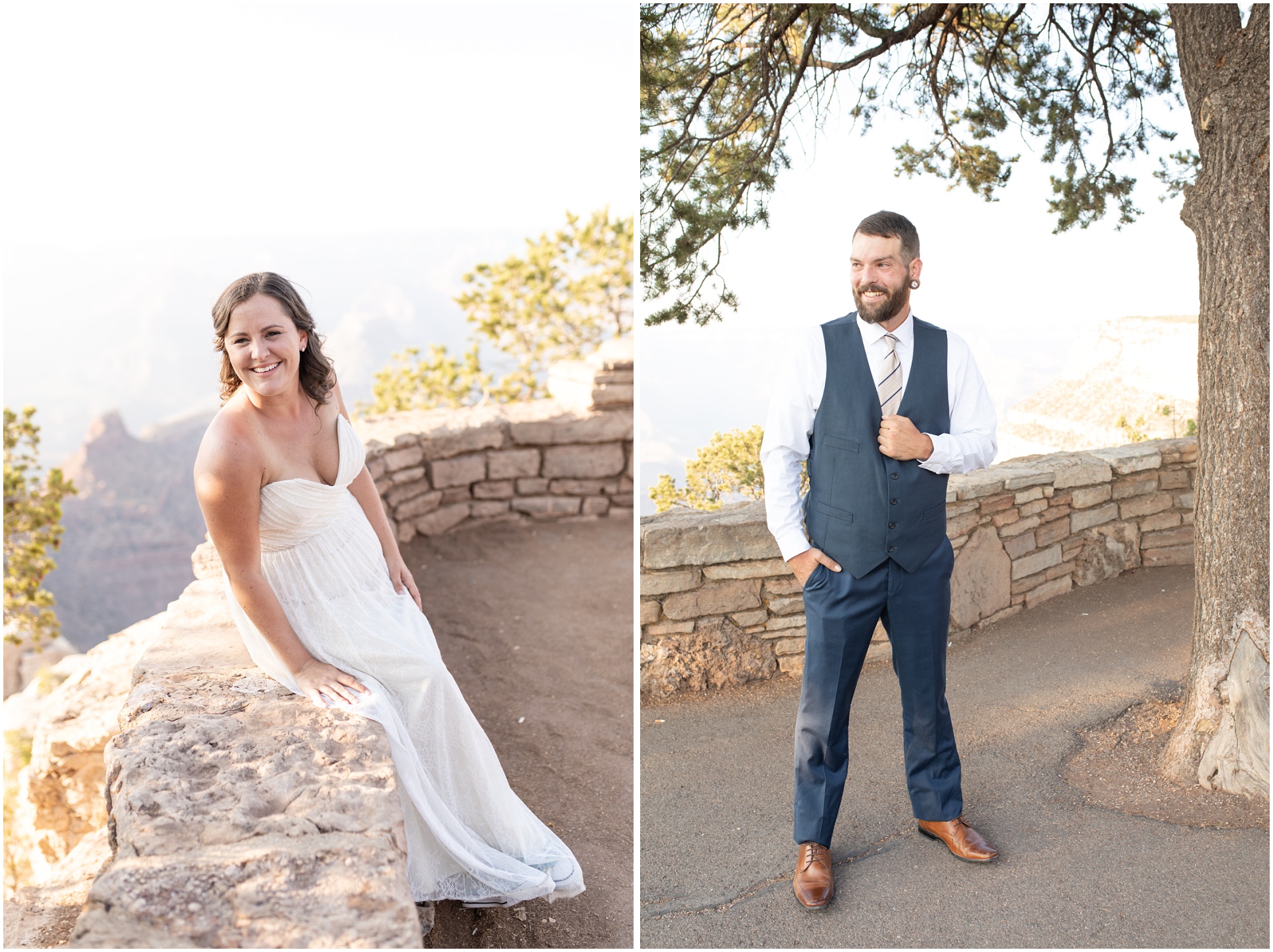 Two images. Left is bride, right is groom. Both are standing at the South Rim of the Grand Canyon
