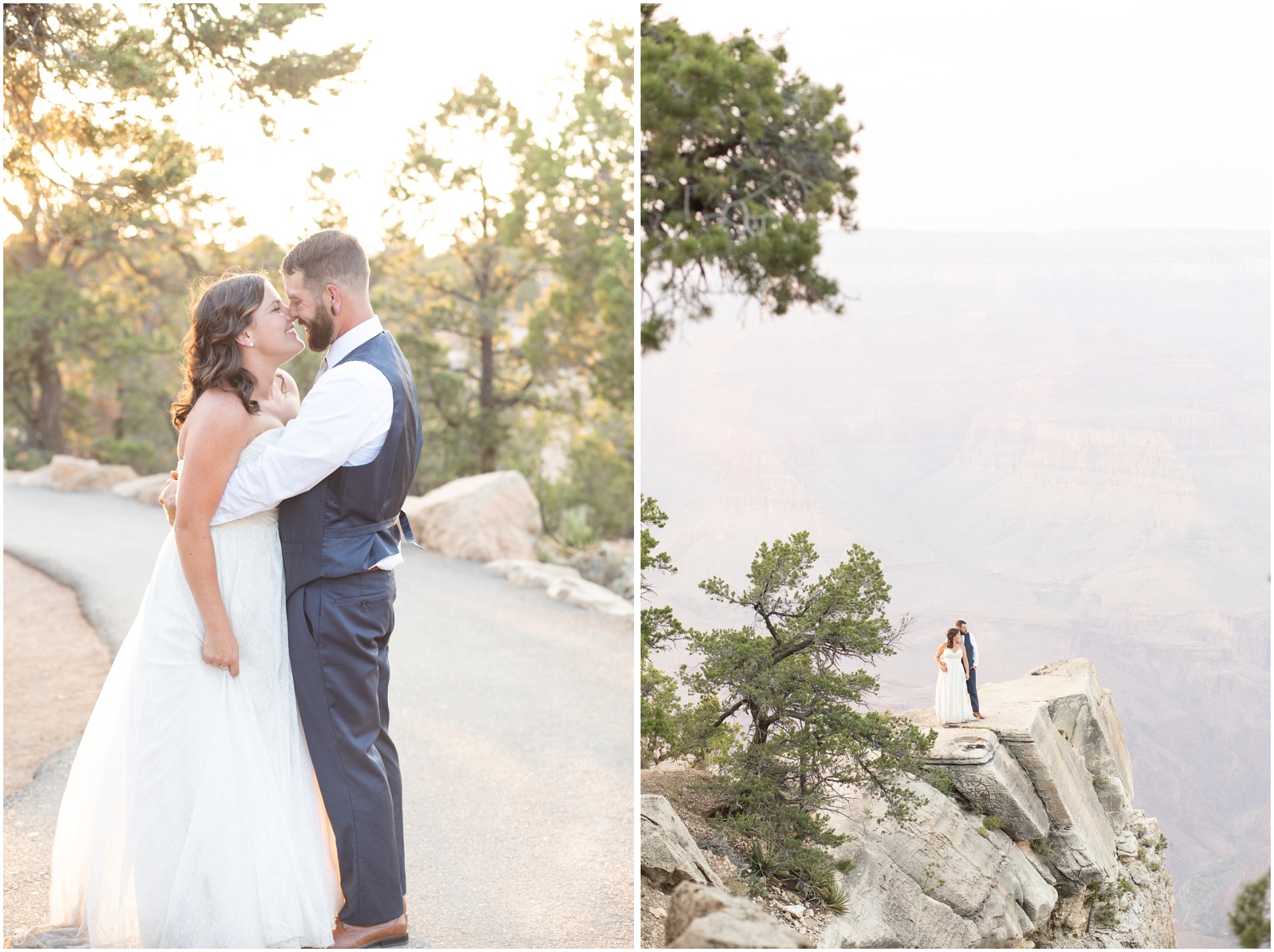 Sunset Wedding Portraits at the Grand Canyon - Bride and Groom. Left Photo is close up, right photo is far away
