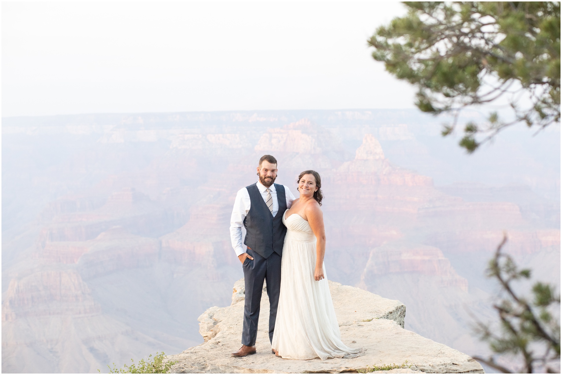 Bride and Groom out on the Mongolian Rim of the Grand Canyon at sunset