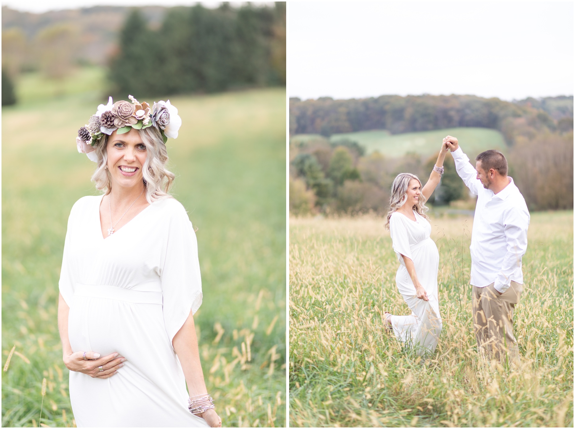 Maternity session with white maternity dress and fall flower crown