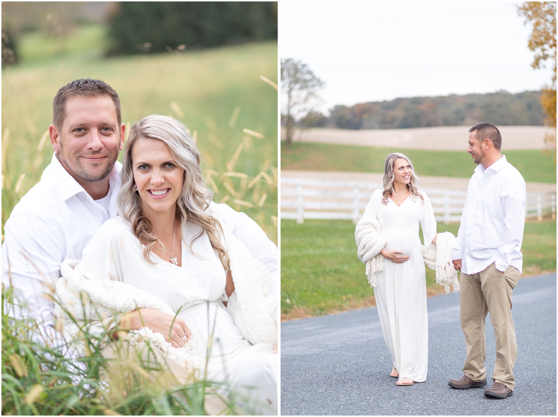 Mom and dad to be walking and snuggling in a field during their maternity session.