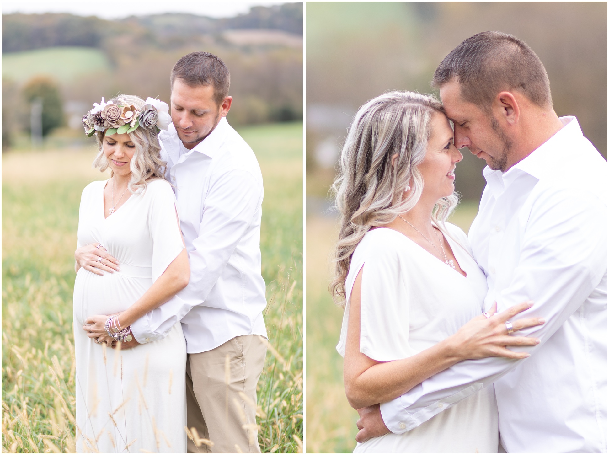 Rebecca standing in the middle of an open field for her maternity session in a white dress and a fall flower crown