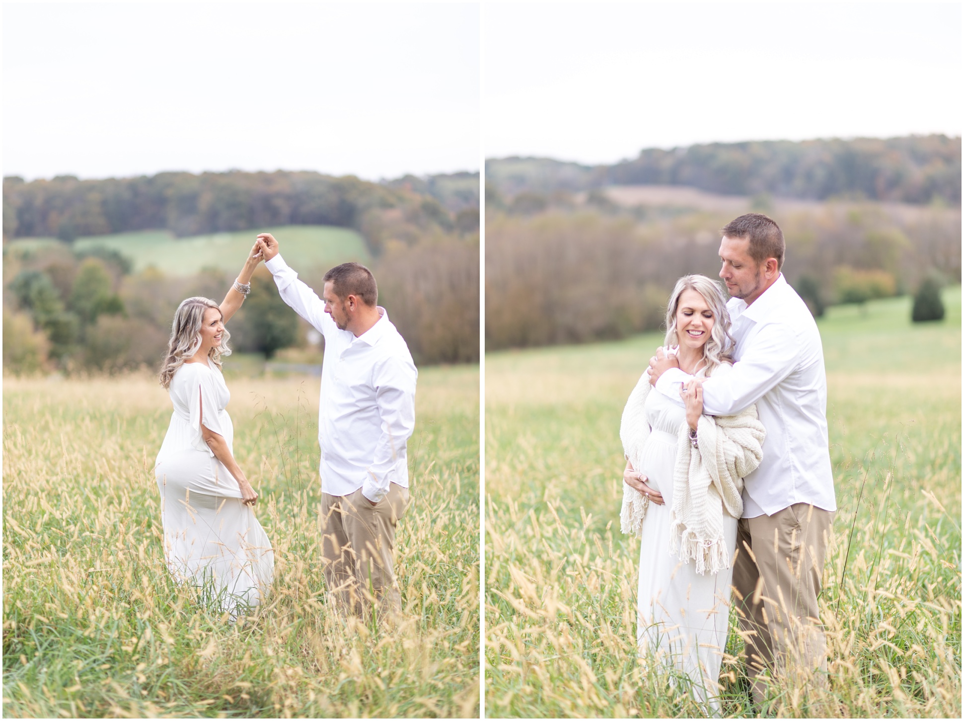 Two images of Rebecca and Scott dancing and swaying during their maternity session