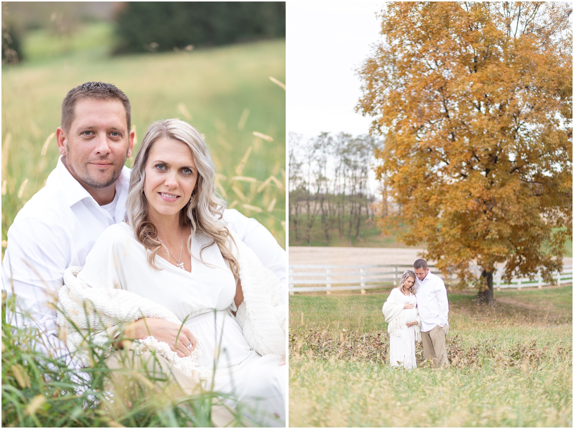 Rebecca and Scott in an open Harford County field and in front of a fall tree.