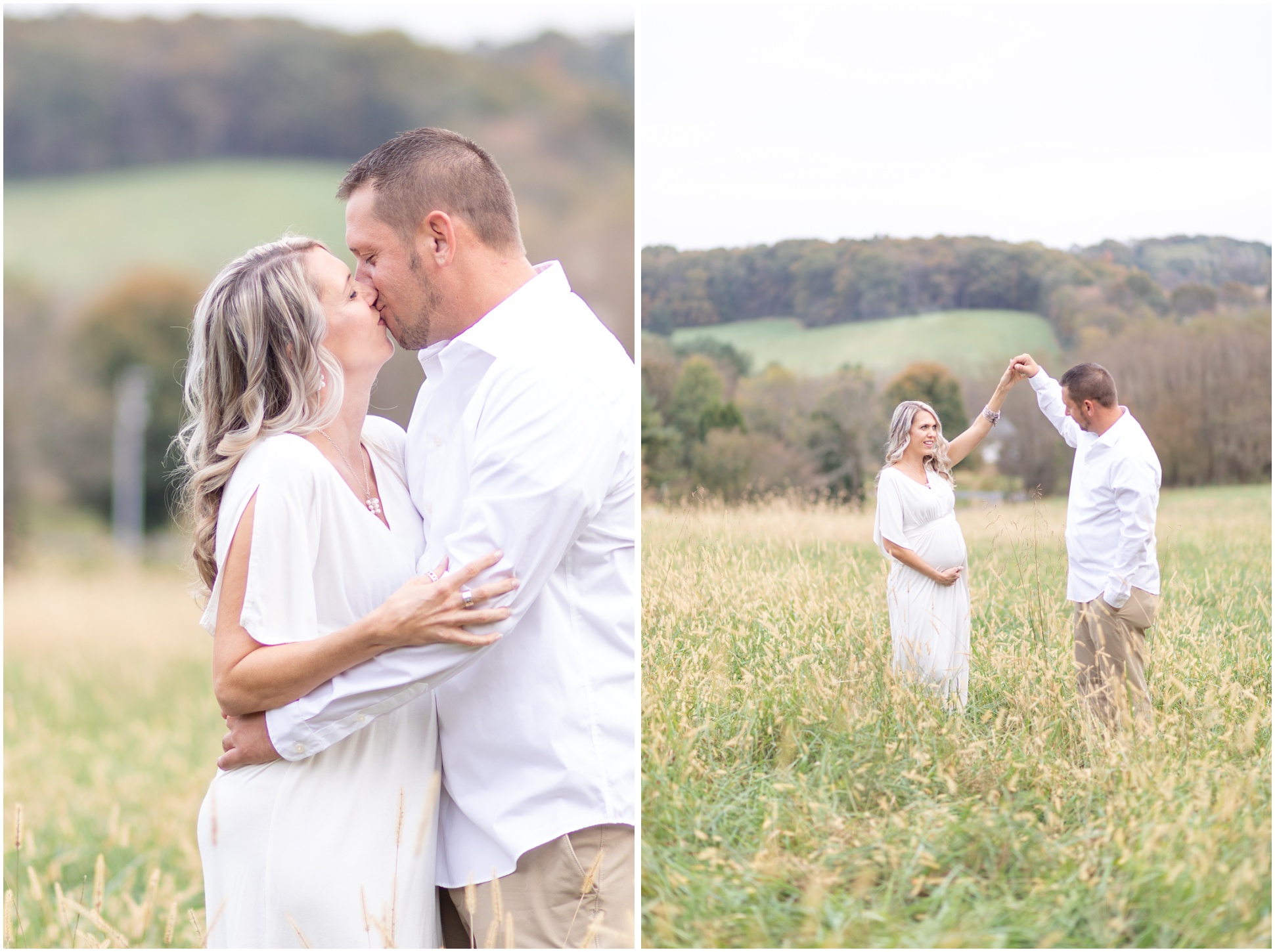 Rebecca and Scott in the field for their maternity session. Rebecca in a white dress with a fall flower crown