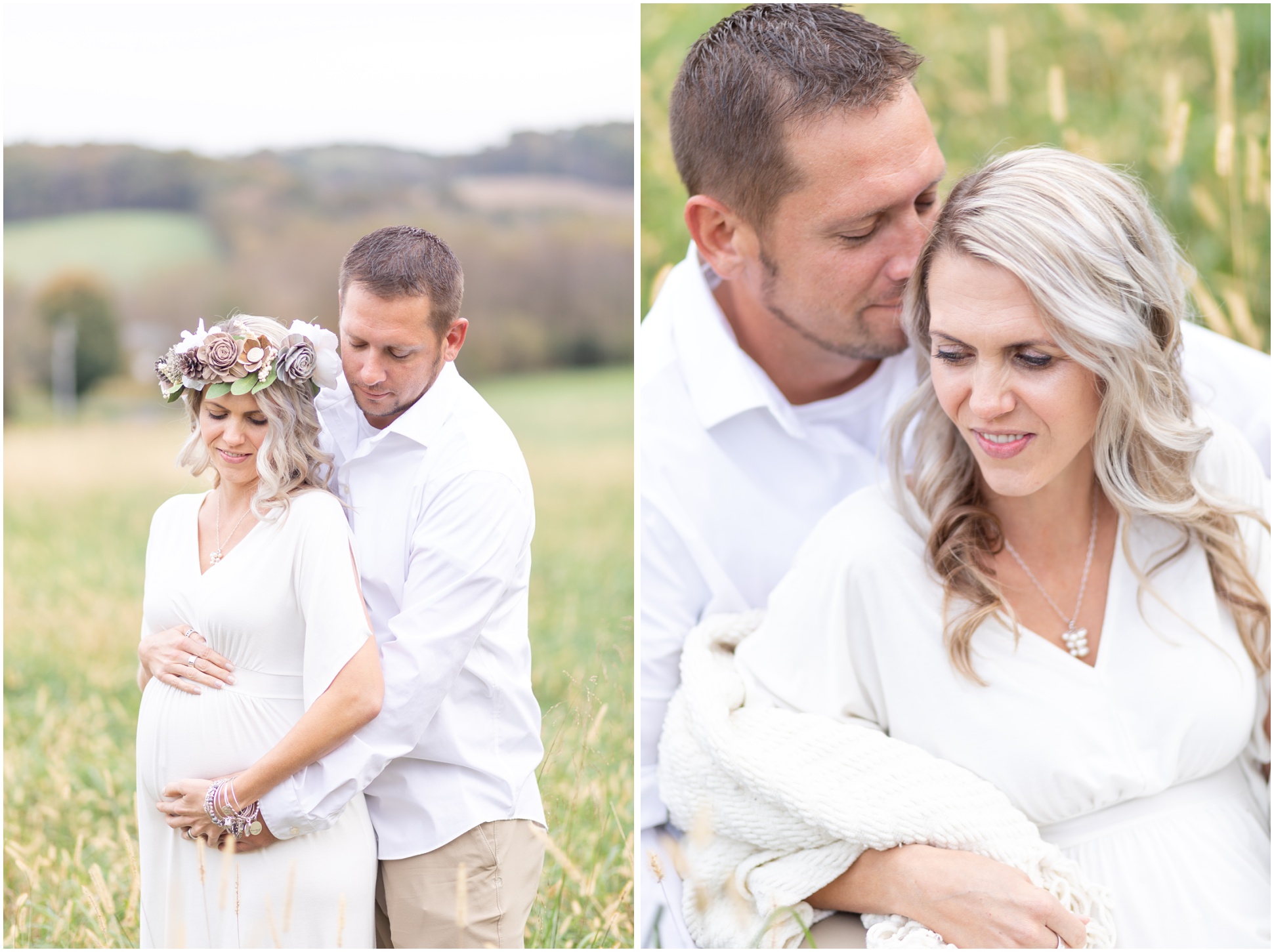 Rebecca and Scott in the field for their maternity session. Rebecca in a white dress with a fall flower crown