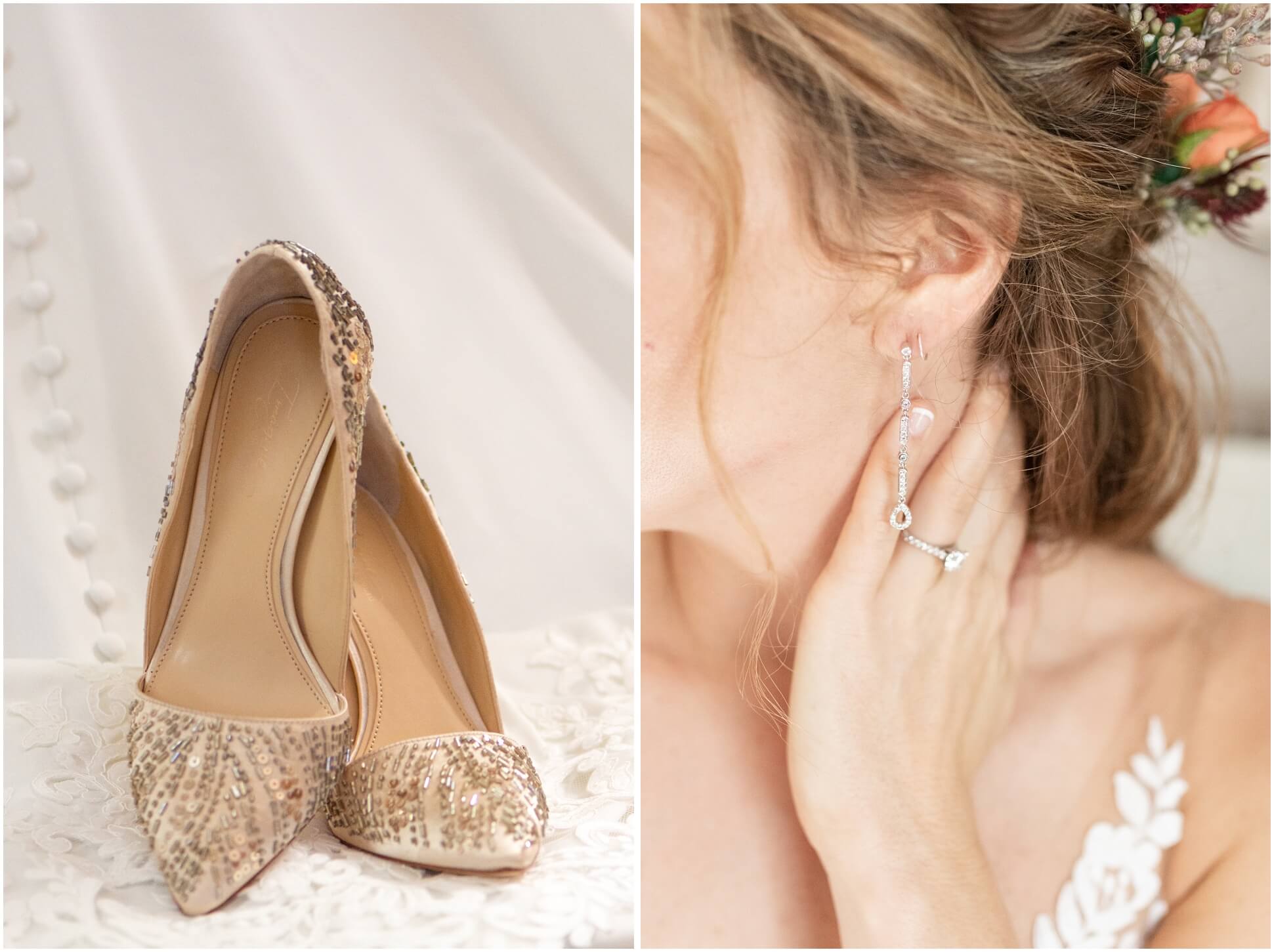 LEFT IMAGE; BRIDES GOLD SEQUENCED SHOES, RIGHT IMAGE: EARRINGS AND ENGAGEMENT RING ON BRIDE AT WINDING CREEK FARM, VIRGINIA
