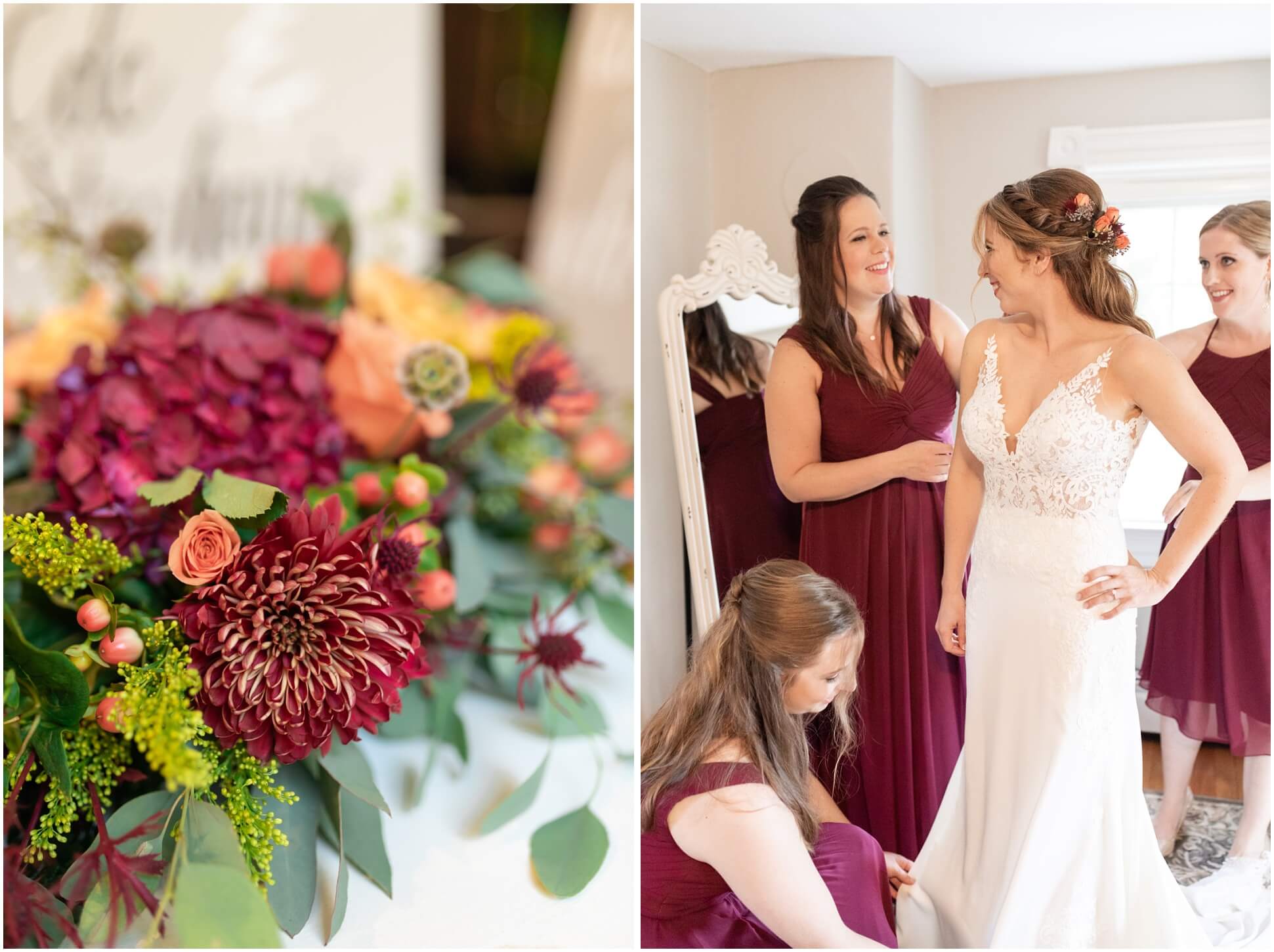 BOUQUET AND BRIDESMAIDS HELPING BRIDE INTO HER DRESS