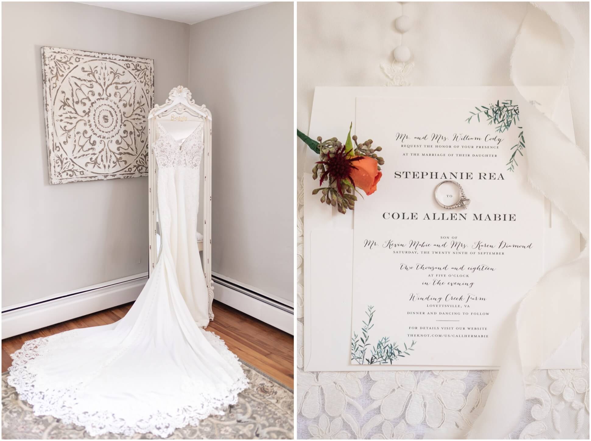 LEFT IMAGE: BRIDES WEDDING GOWN HANGING FROM MIRROR, RIGHT IMAGE: WEDDING INVITATION FLAT LAY